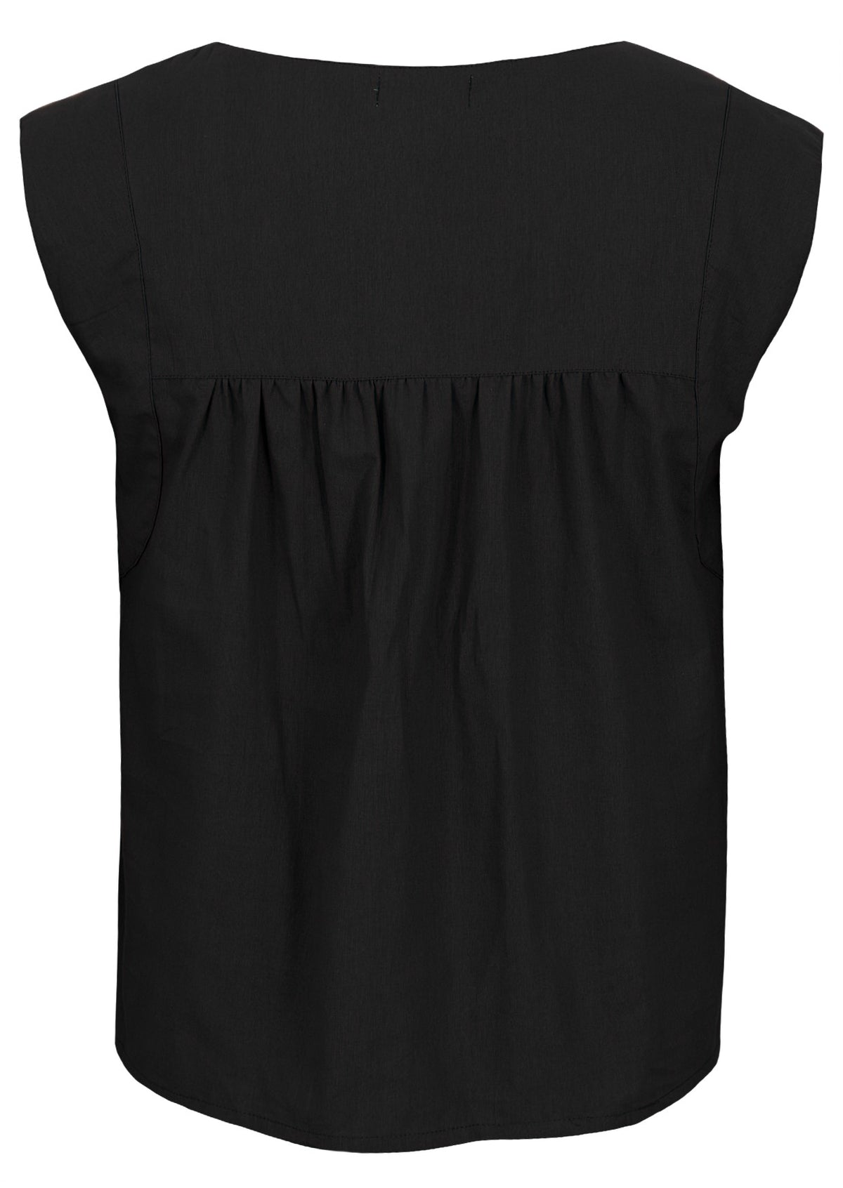 Back photo of cotton sleeveless top with gathers across shoulder blades, in classic black