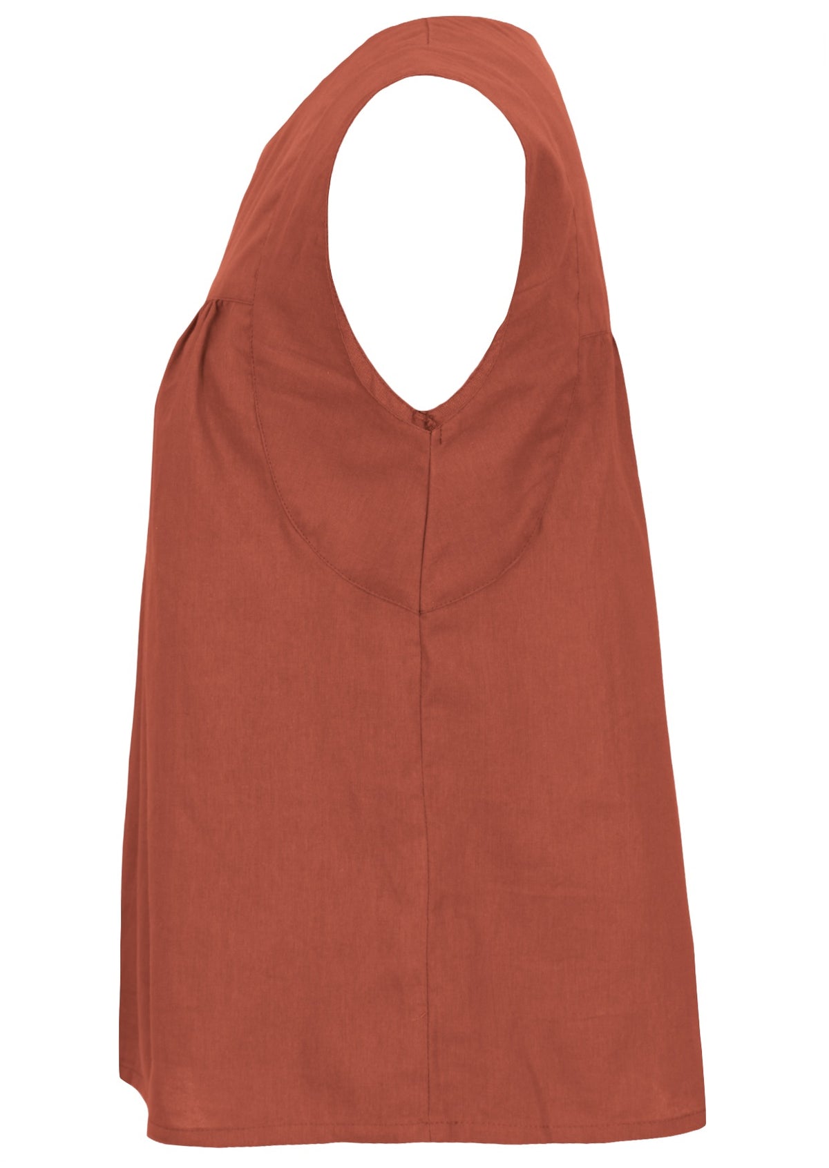 Side mannequin photo of cotton sleeveless top with gathers over bust, in rust shade