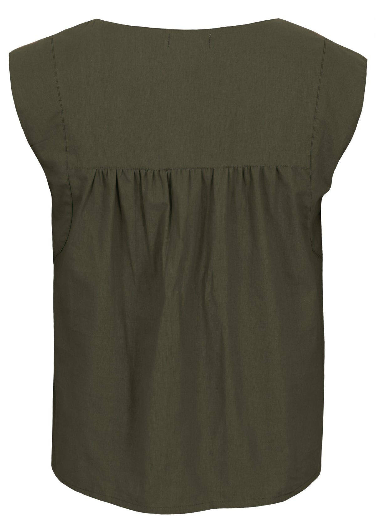 Back mannequin photo of cotton sleeveless top with gathers across shoulder blades, in olive green shade