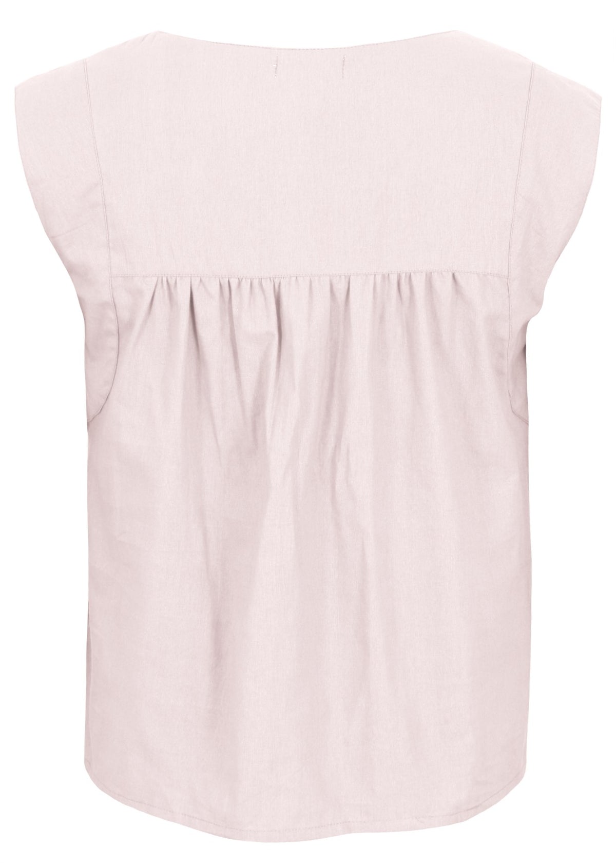 Back mannequin photo of cotton sleeveless top with gathers across shoulder blades, in natural white