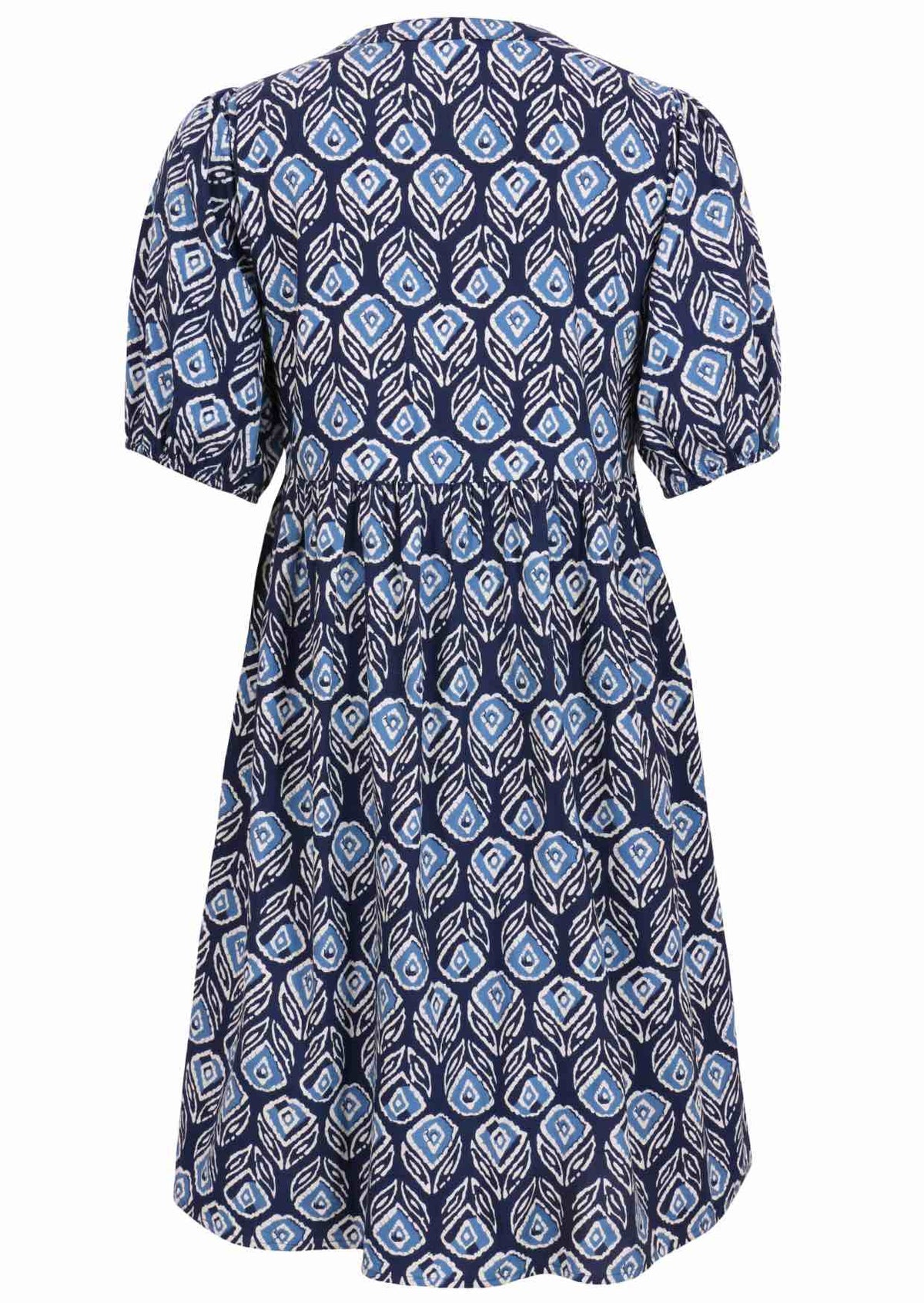 Elbow length sleeve cotton dress with navy blue based print