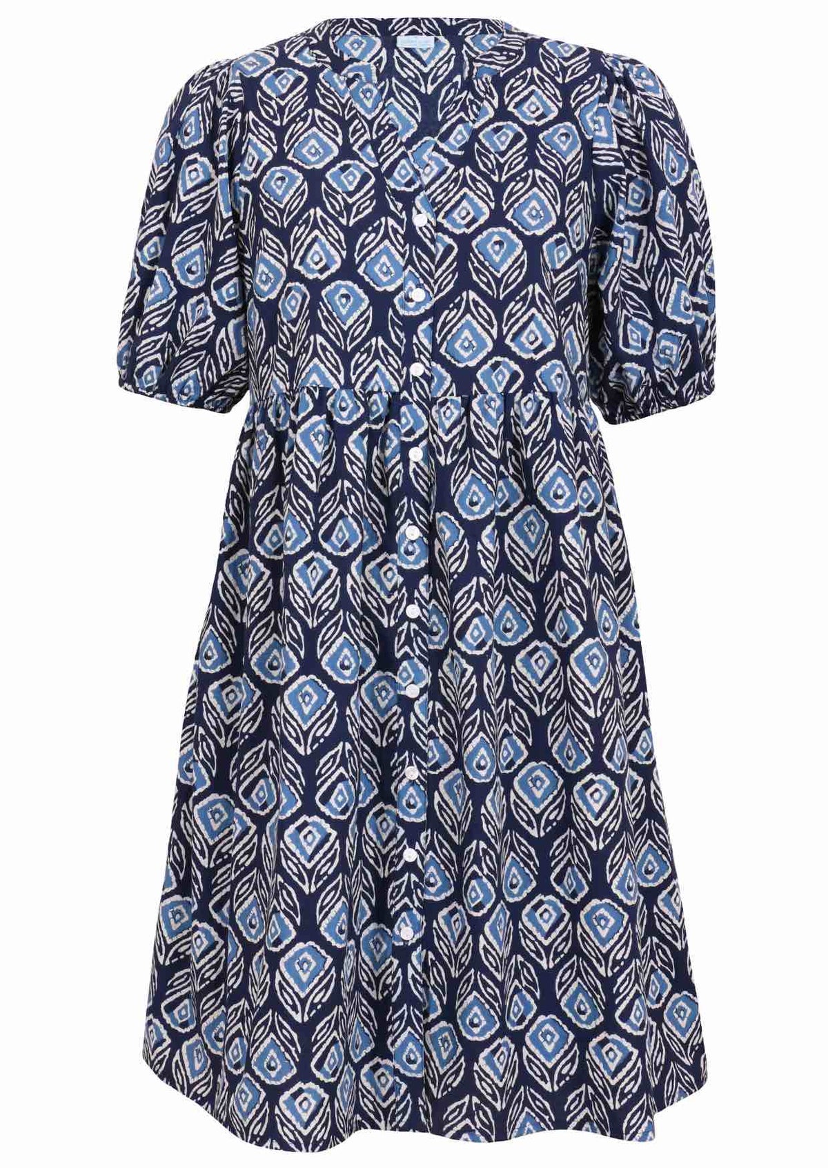 V-neck cotton dress with white stripes on a navy base