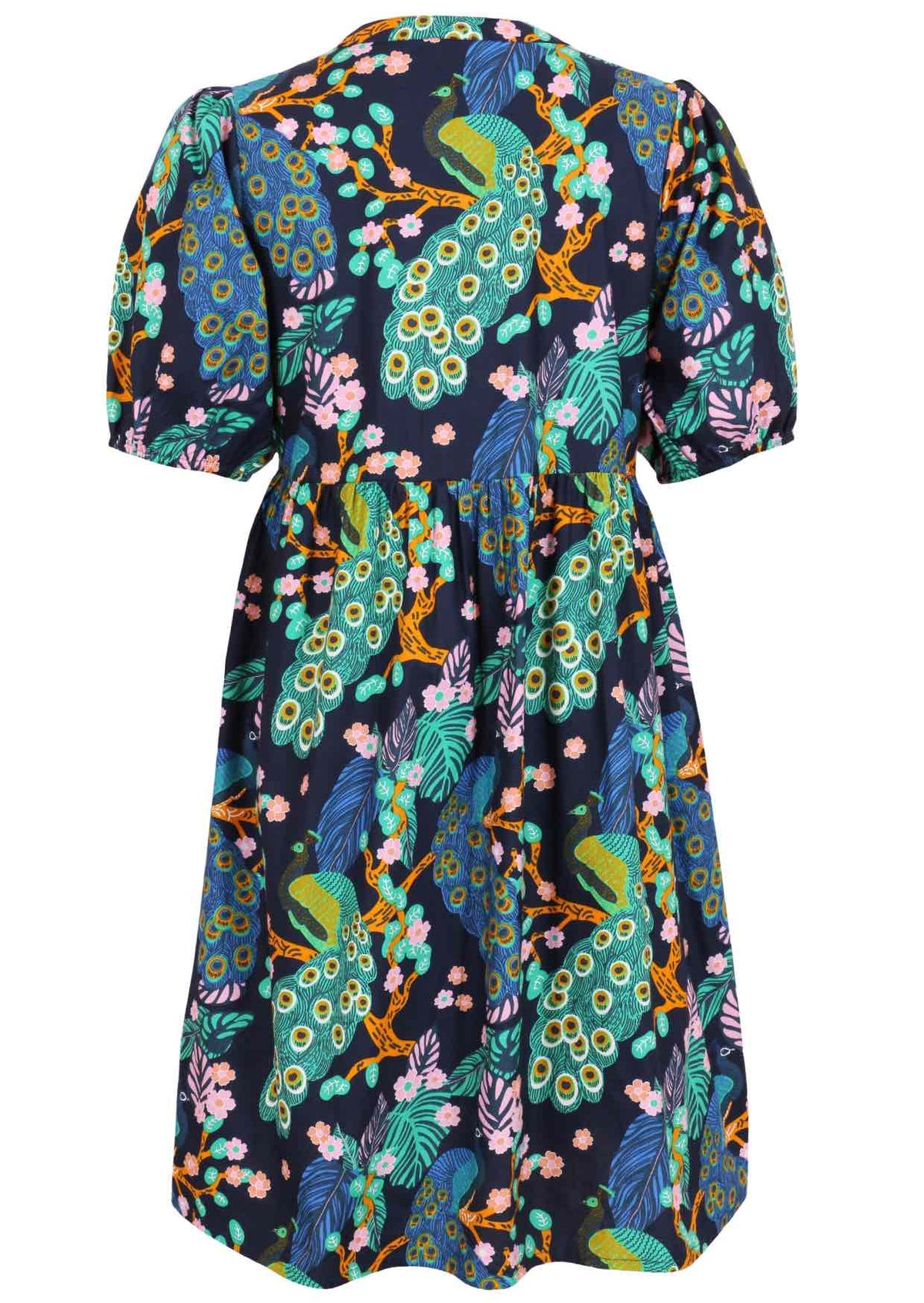 Elbow length sleeve cotton dress with navy blue based floral print