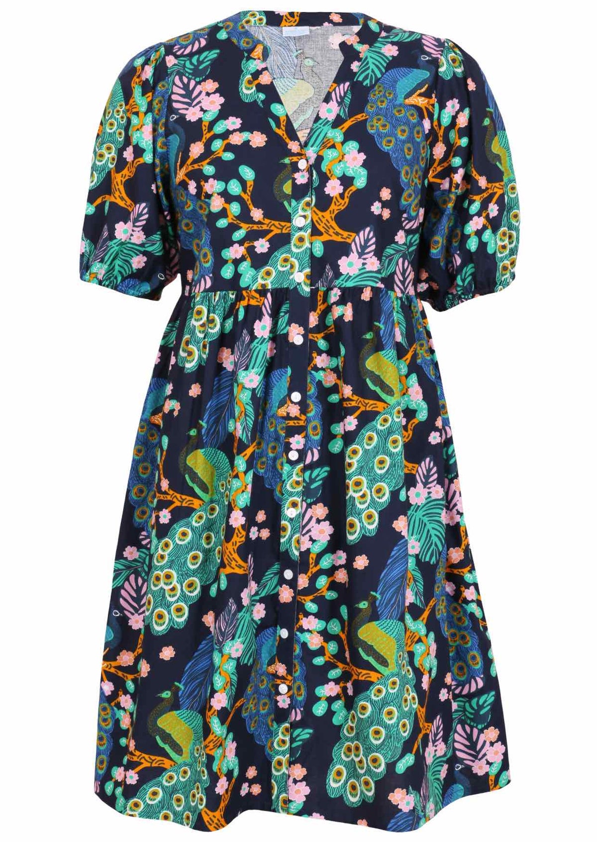 V-neck cotton dress with navy blue based floral print