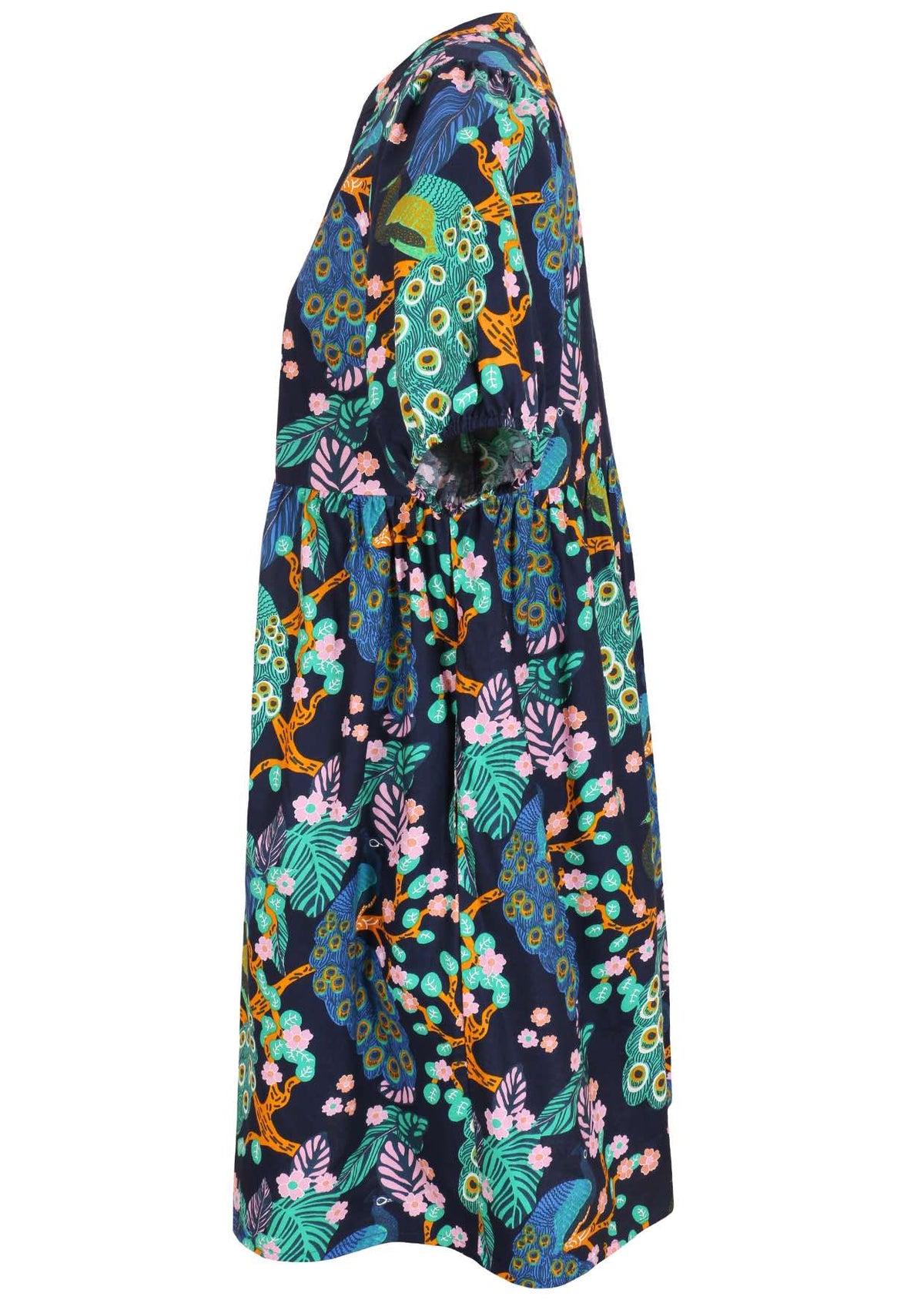 100% cotton dress in navy blue based floral print with pockets.
