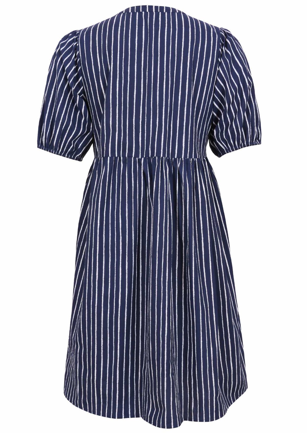 Elbow length sleeve cotton dress with navy blue based print