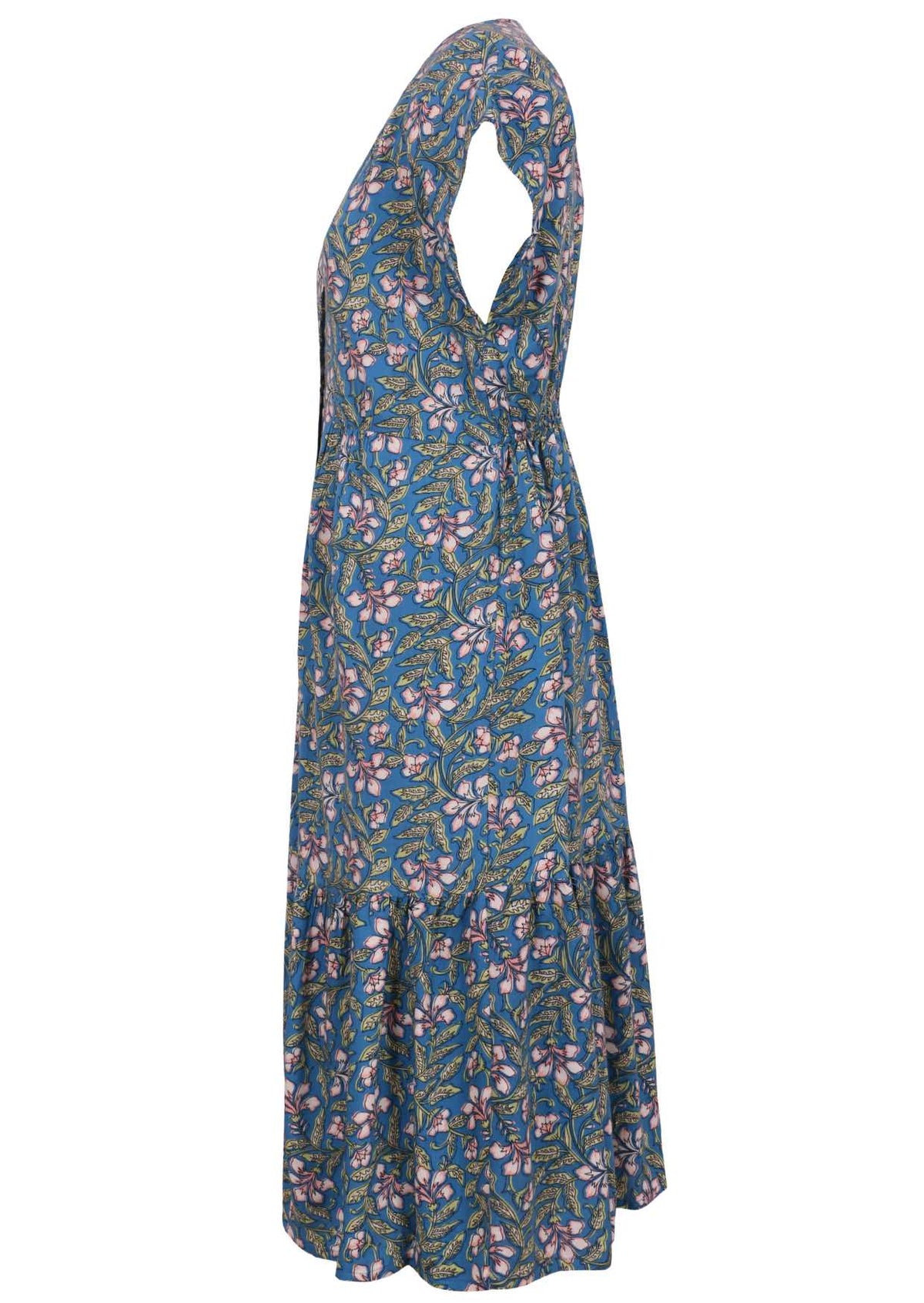 Short sleeve rayon dress with cerulean blue based block style floral print.