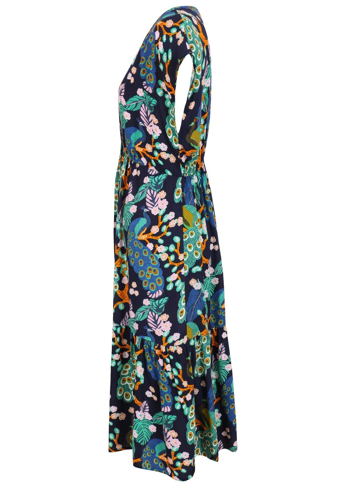 Short sleeve rayon dress with navy blue based floral print.