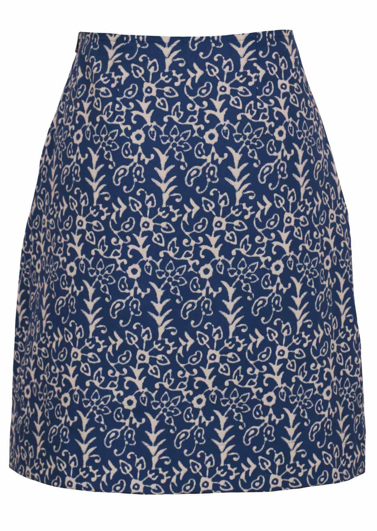 100% cotton reversible skirt with white floral print on blue base.