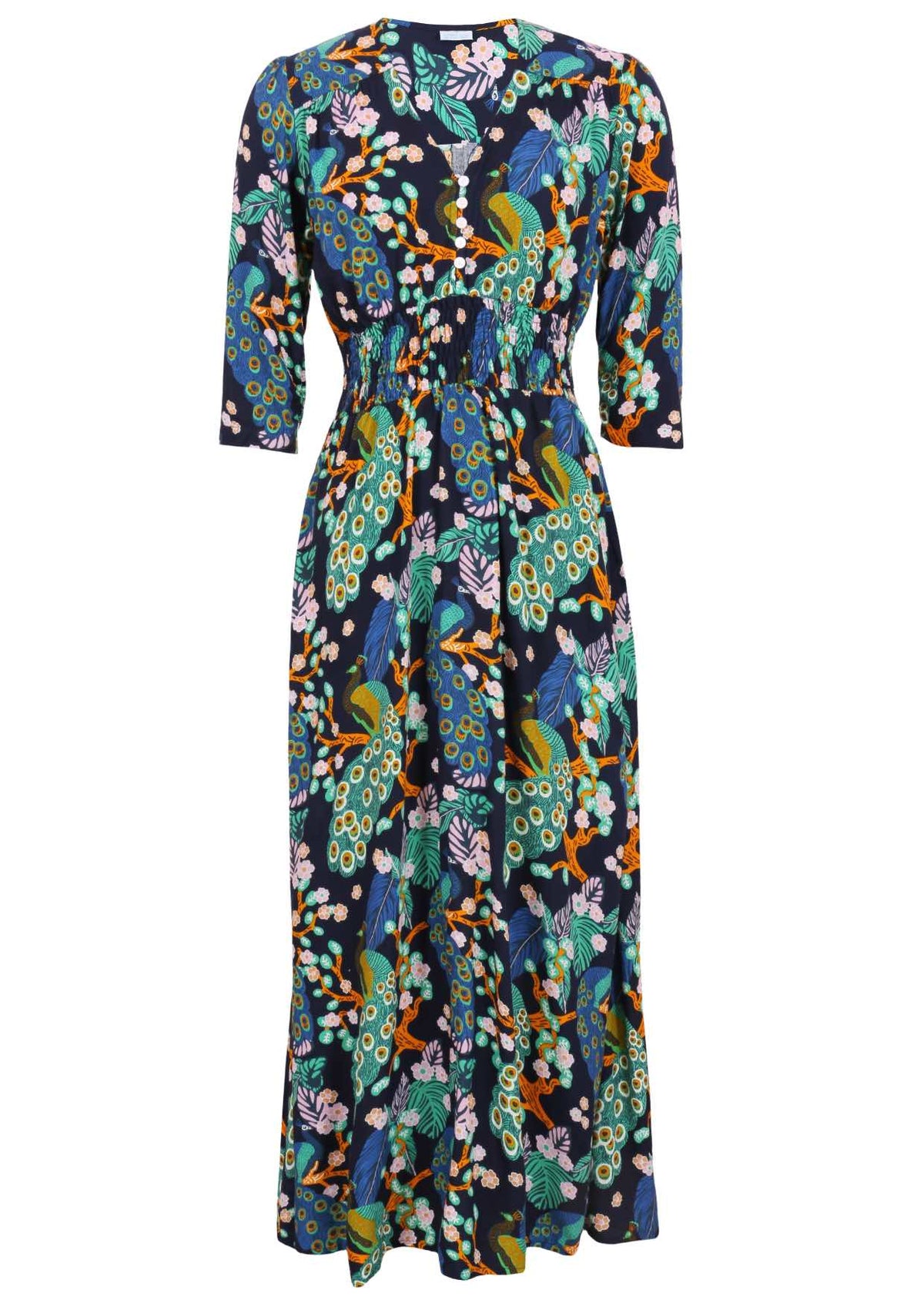 3/4 sleeved rayon maxi dress with buttoned bodice, V-neckline and a wide shirred waistband, in a floral and peacock print on a navy base