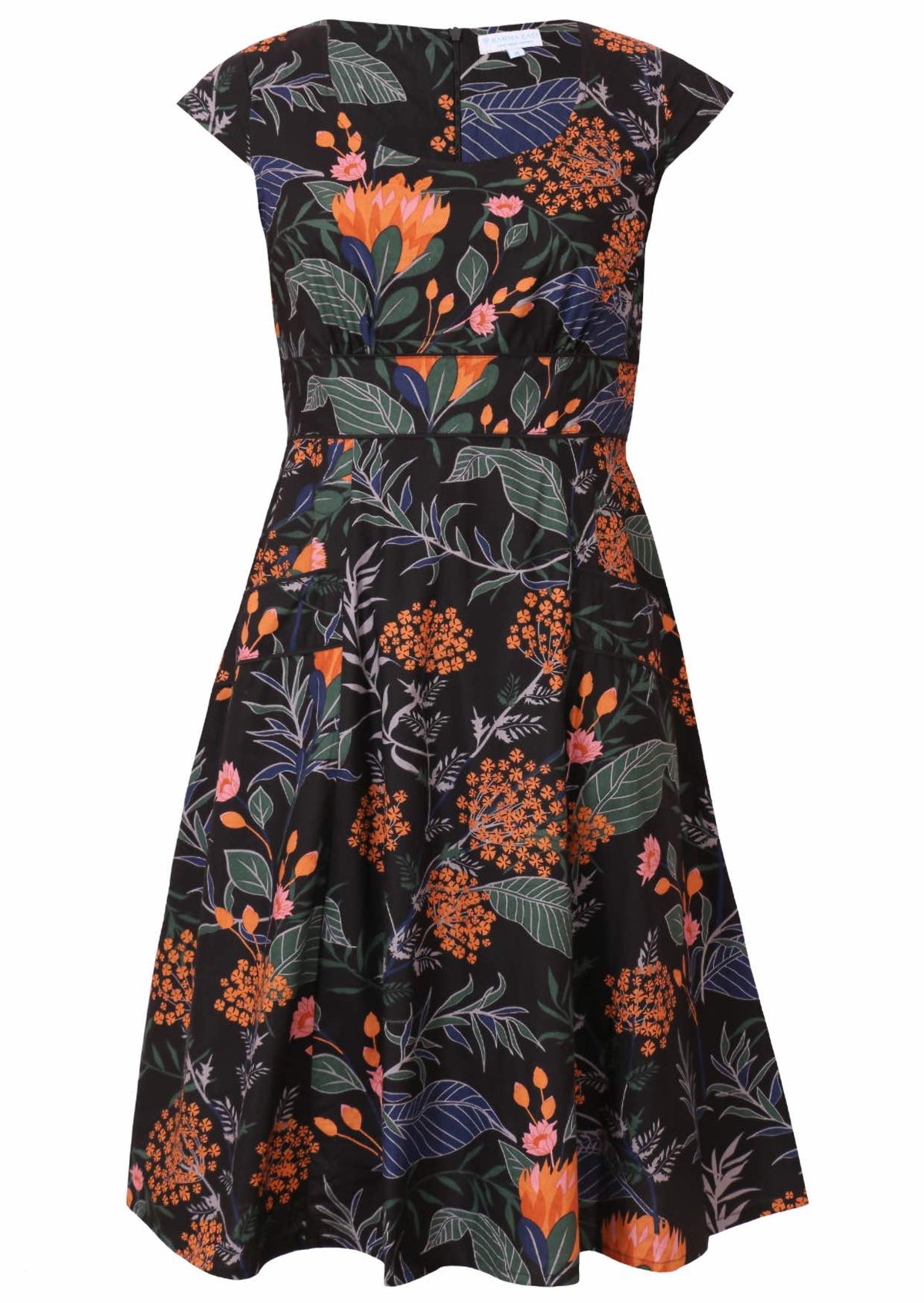 100% cotton black floral vintage dress with cap sleeves, round neckline, A line skirt and pockets