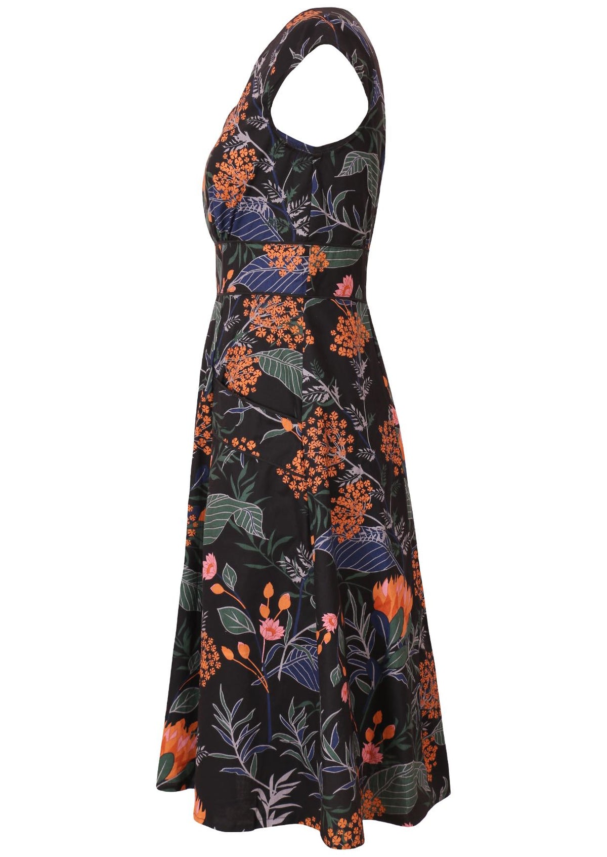 Knee length retro floral cotton dress with cap sleeves, pockets and piped details at the waistband