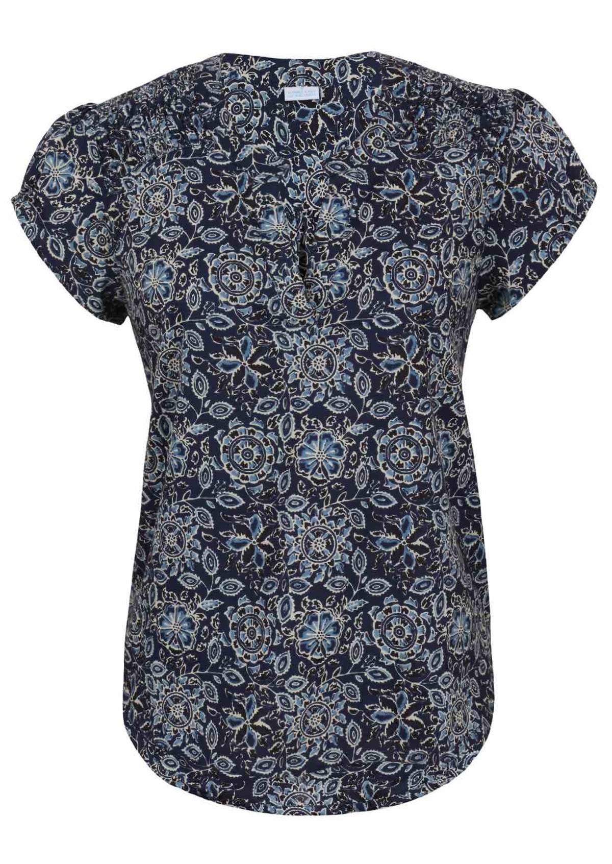 Navy blue based floral print cotton top with V-neckline on a white background.