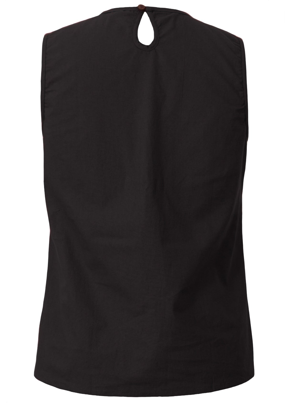 Sleeveless cotton top in plain black with piping details and keyhole button at back of the neck