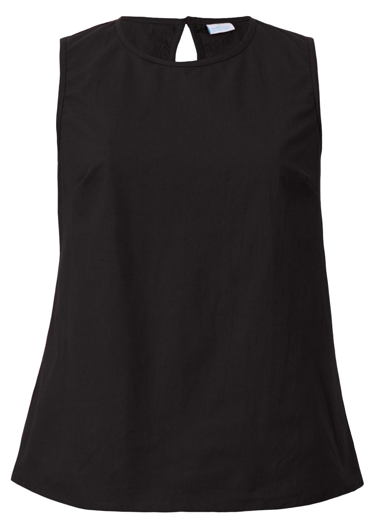 100% cotton relaxed fit sleeveless top in plain black with high round neckline and piping details at armhole and neckline
