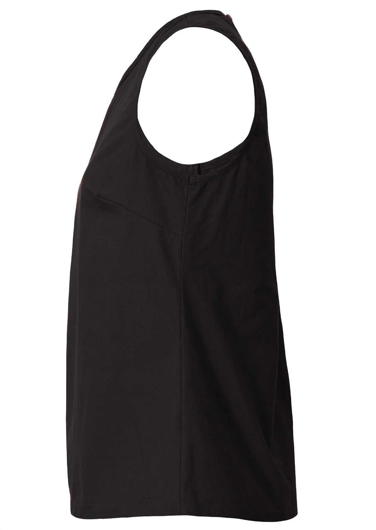 Black sleeveless cotton top with relaxed fit, high round neckline and side bust darts