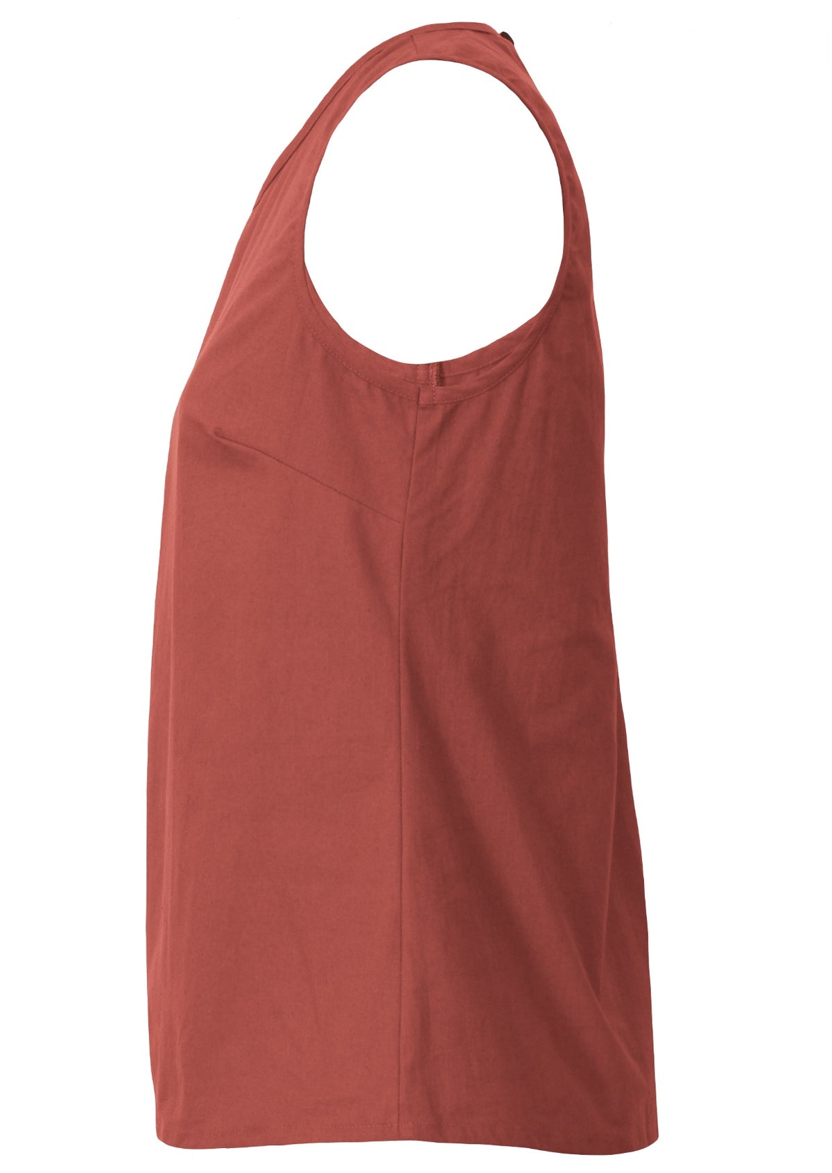 100% cotton sleeveless top in burnt henna with high round neckline and side bust darts
