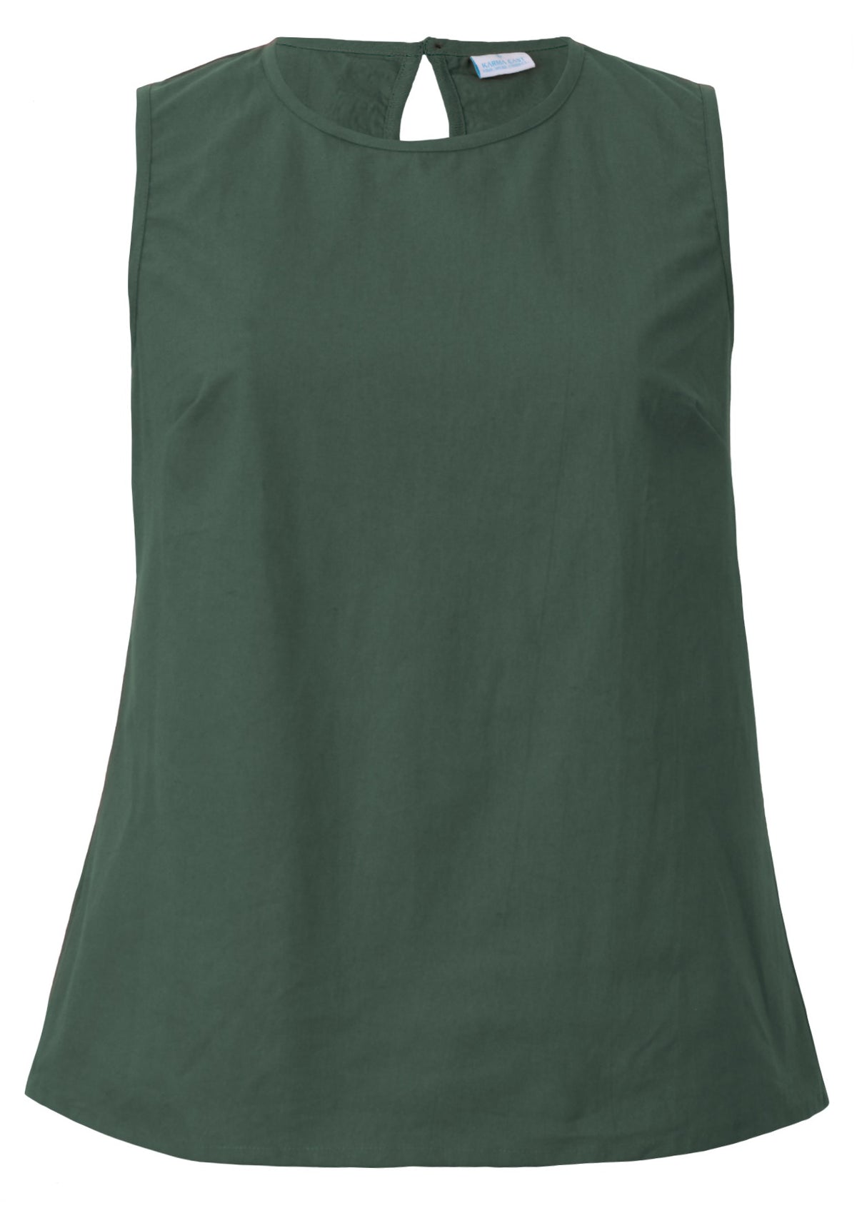 100% cotton jungle green relaxed fit sleeveless top with piped details at high round neckline and armholes