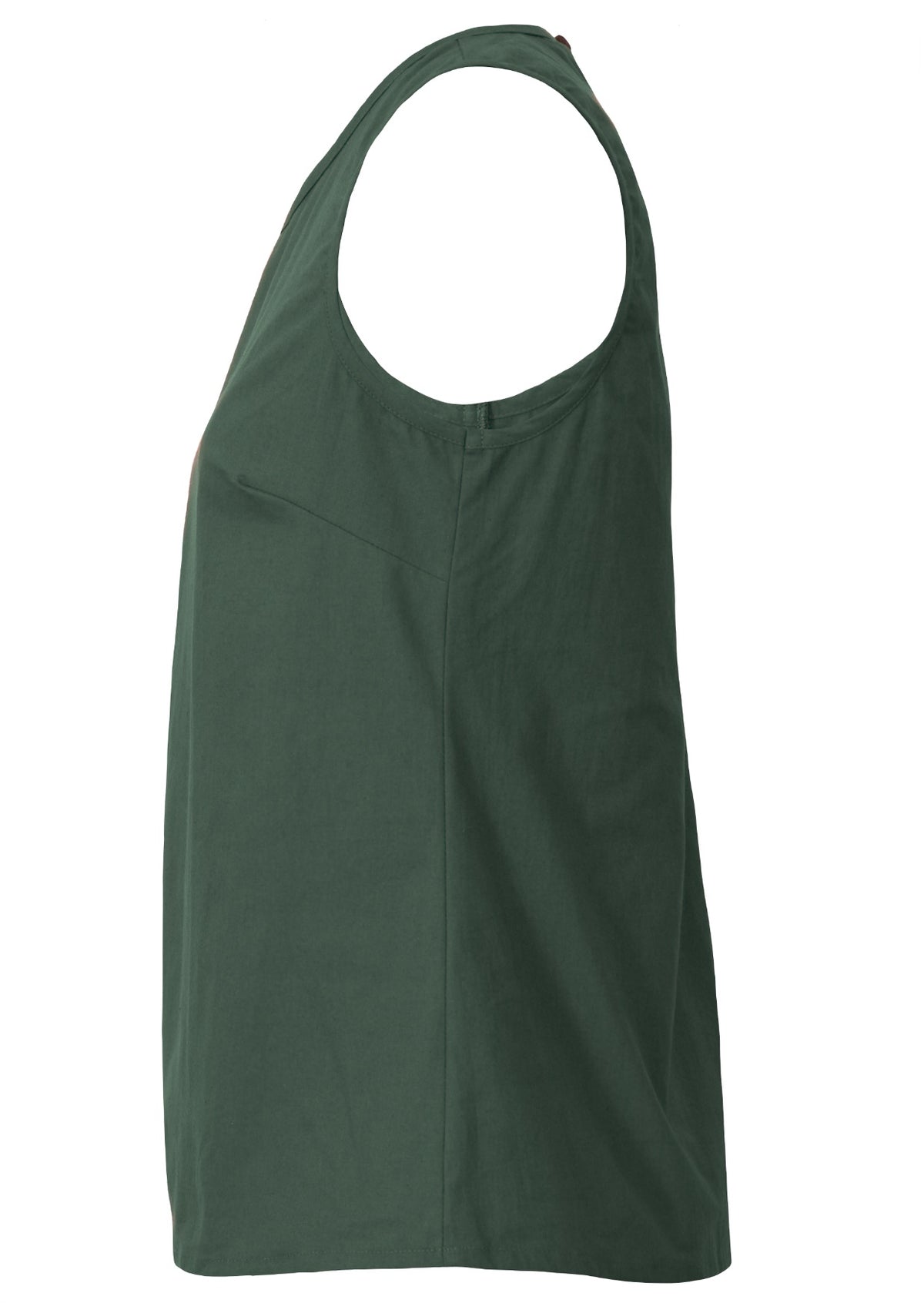 Side view of green sleeveless cotton top with round neckline and side bust darts