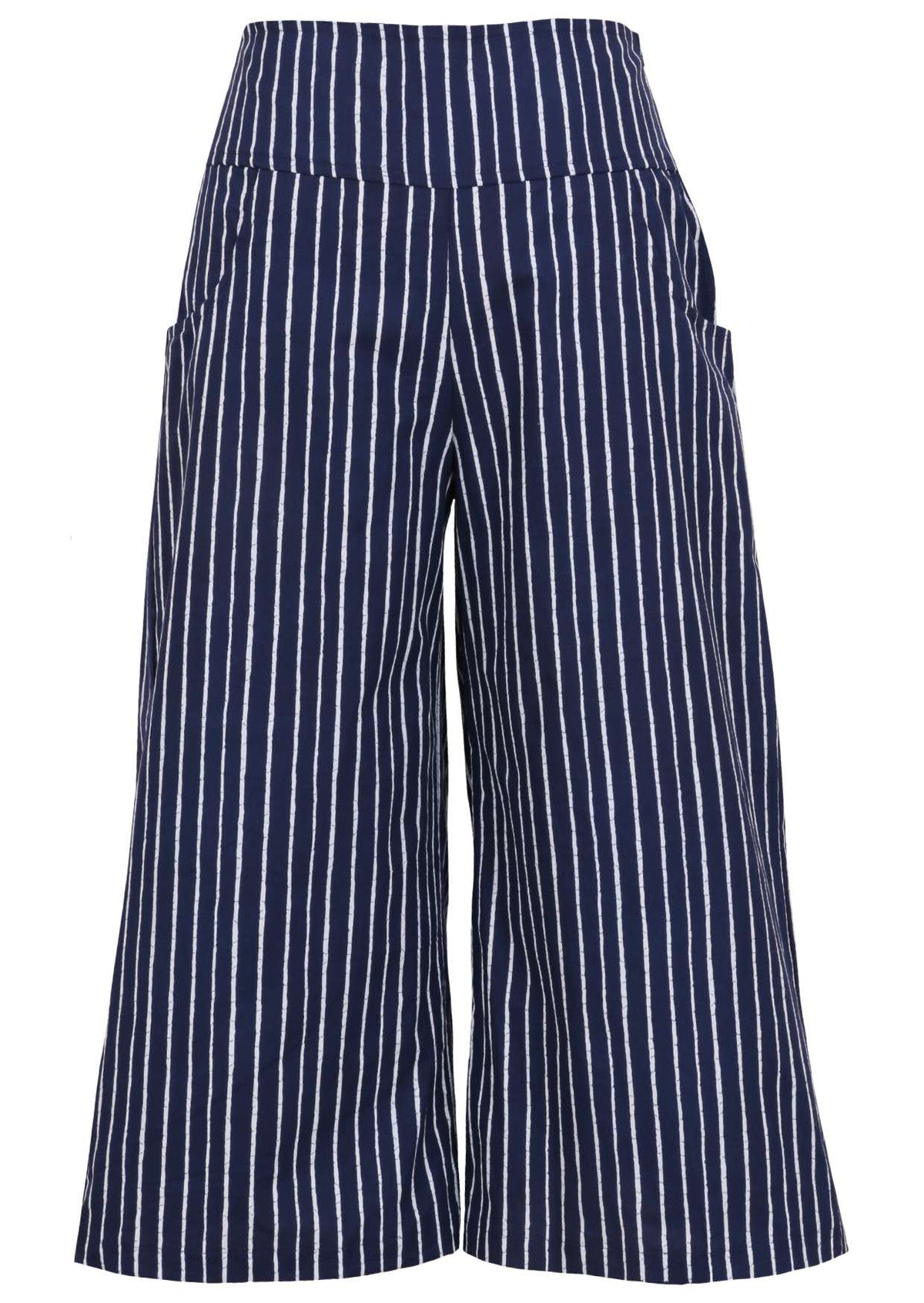 100% cotton wide leg 3/4 length pants with wide flat waistband, side zipper and pockets