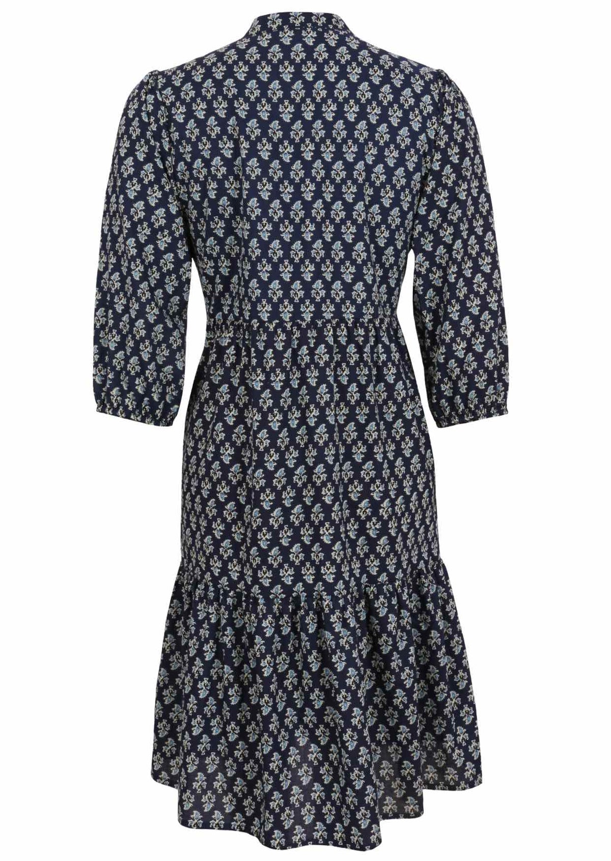 Loose fit cotton midi dress with mandarin collar, 3/4 sleeves and pockets.