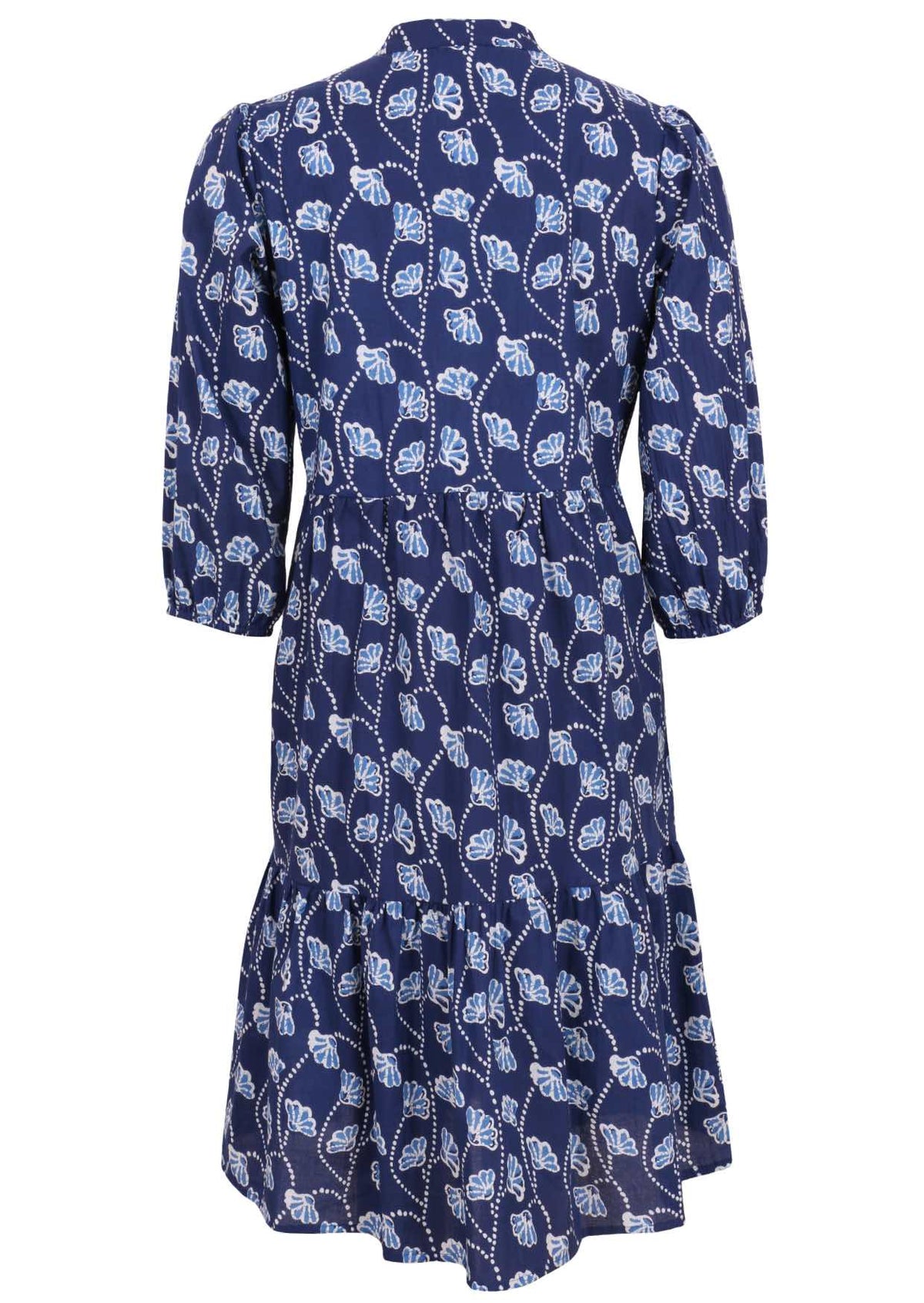 Loose fit cotton midi dress with mandarin collar, 3/4 sleeves and pockets.