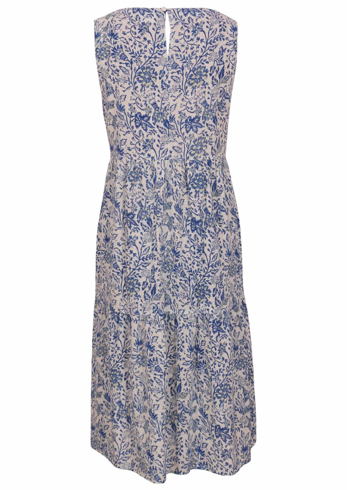 white based blue floral print cotton dress with keyhole back closure.