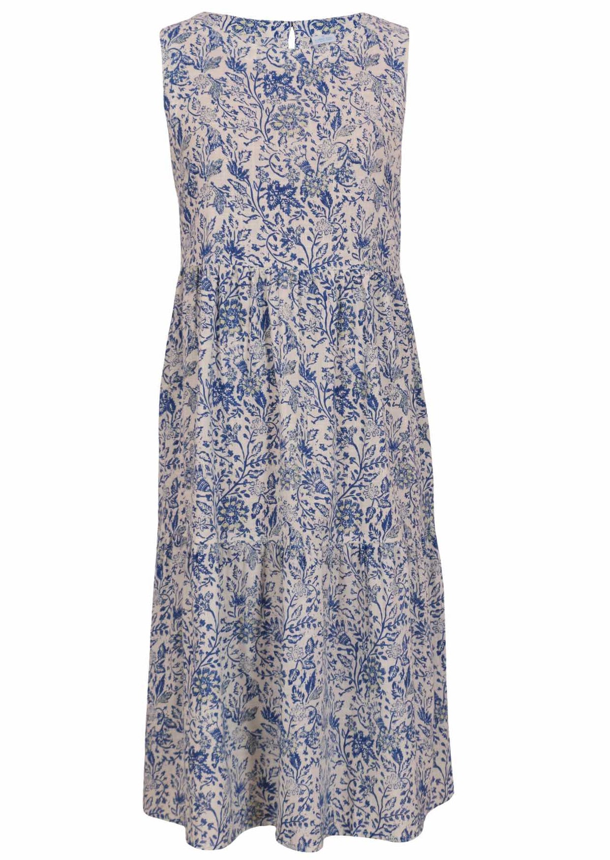 white based blue floral print cotton dress on a white background.