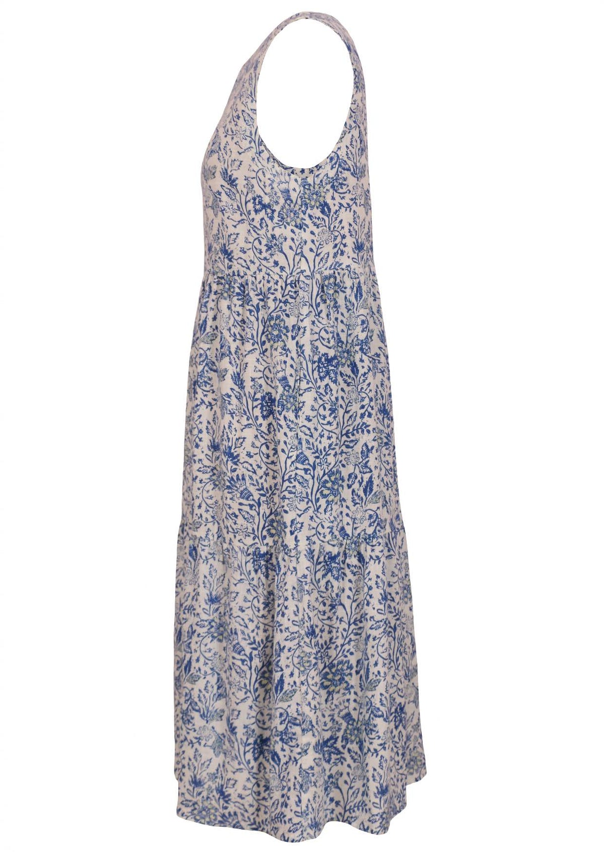 white based blue floral print cotton dress on a white background.