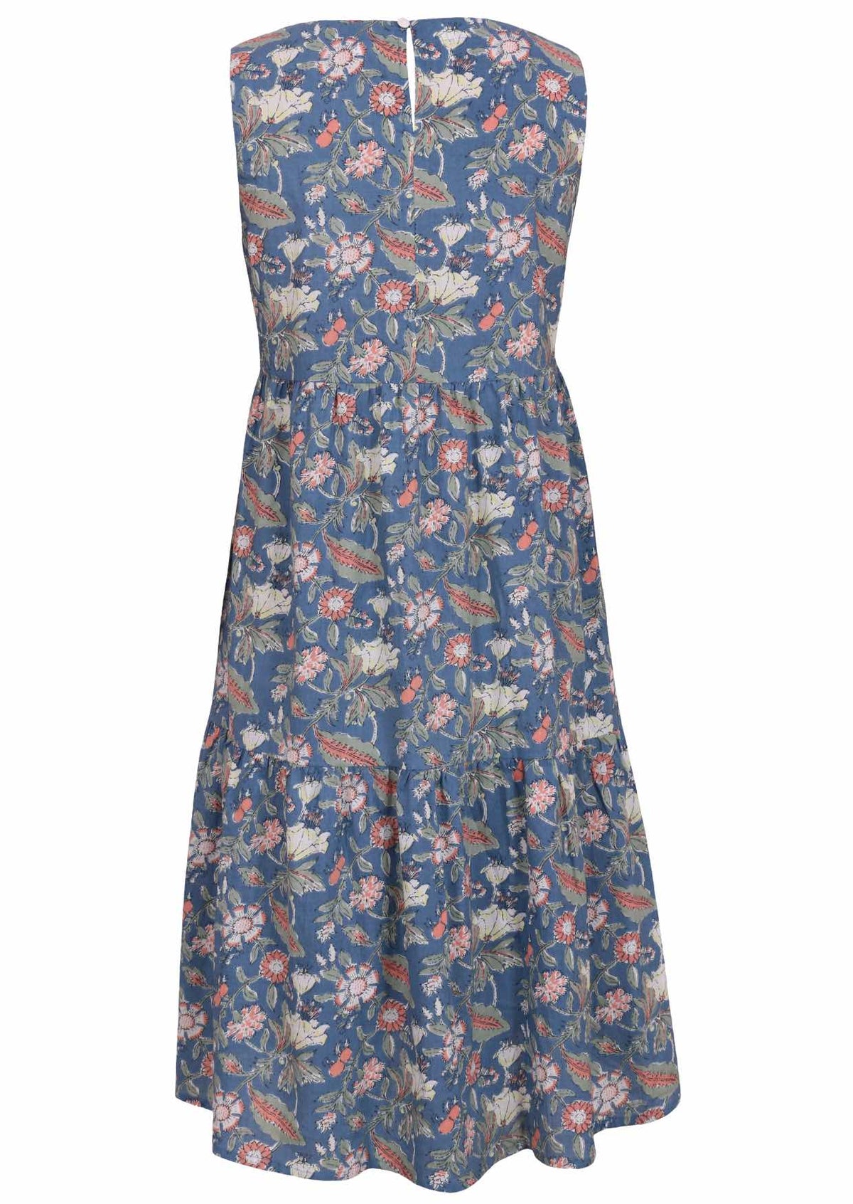 Back view of sleeveless cotton sundress with two tiered skirt, pockets and button back closure at nape of the neck