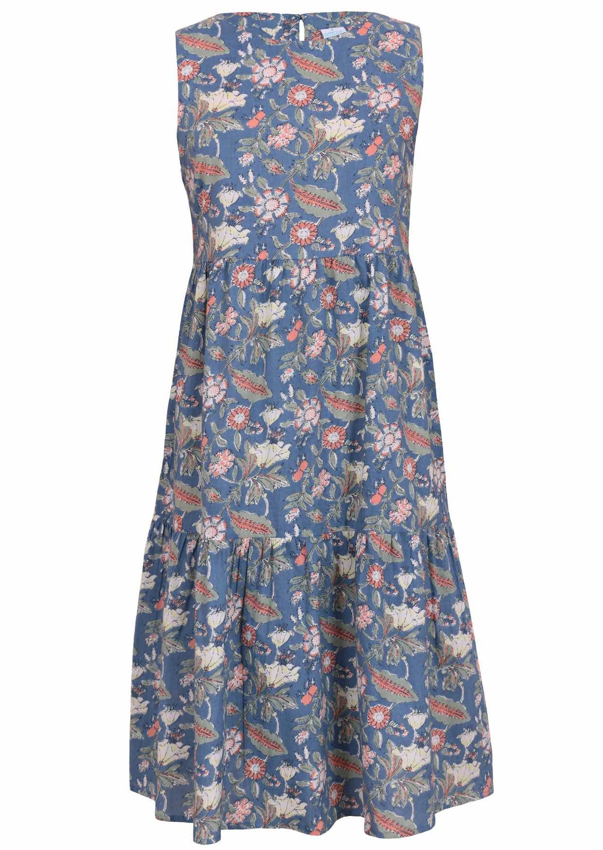100% cotton midi length sleeveless dress with high round neckline, two tiered skirt and pockets in dusty blue based floral print