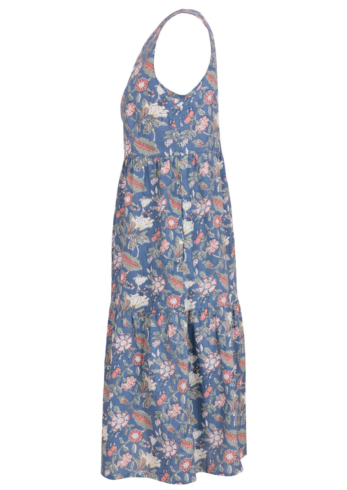 Cotton floral sleeveless midi-length dress in dusty blue with pockets, tiered skirt, and high round neckline