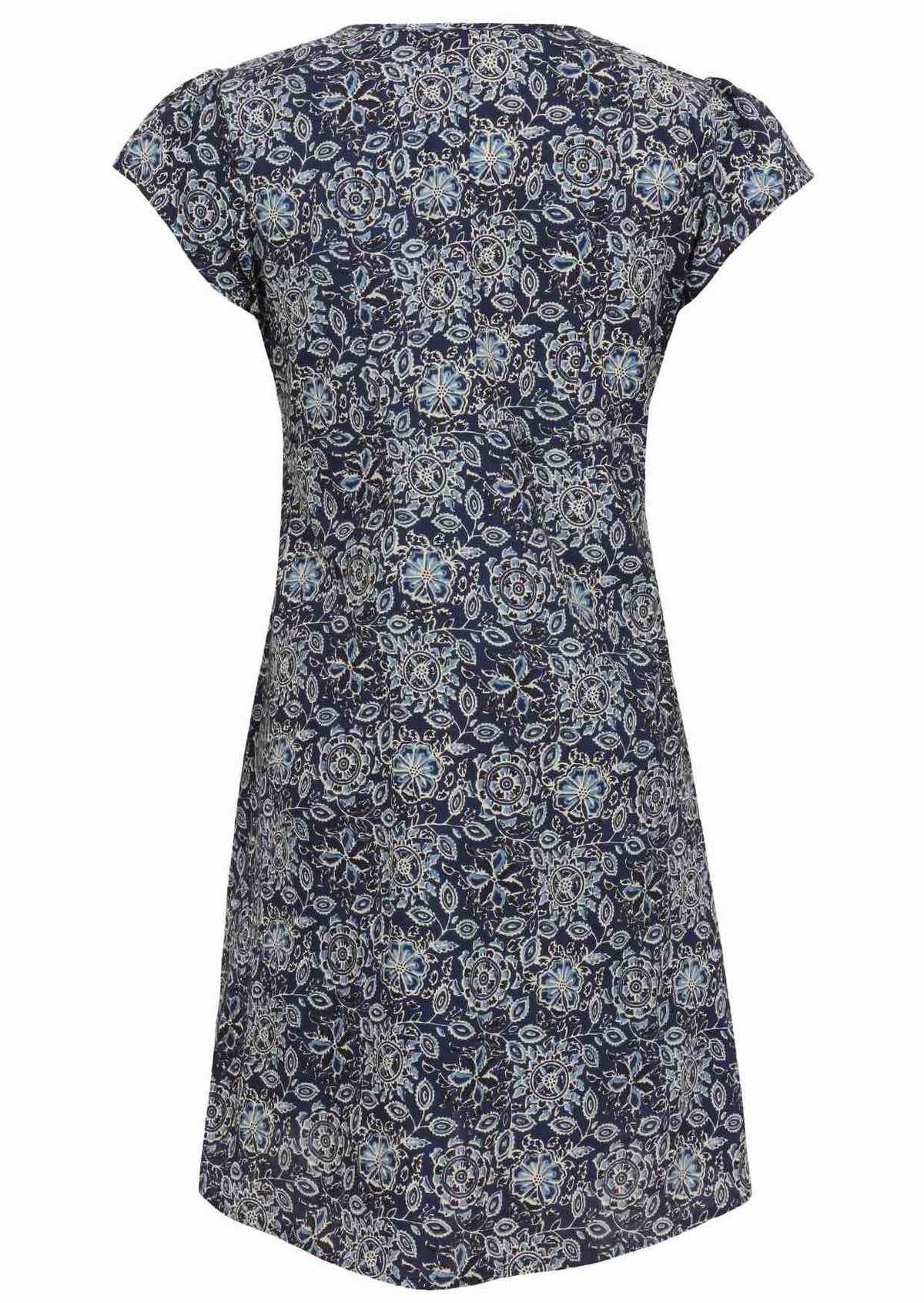 Back mannequin photo of cotton above knee dress in navy blue based floral print.