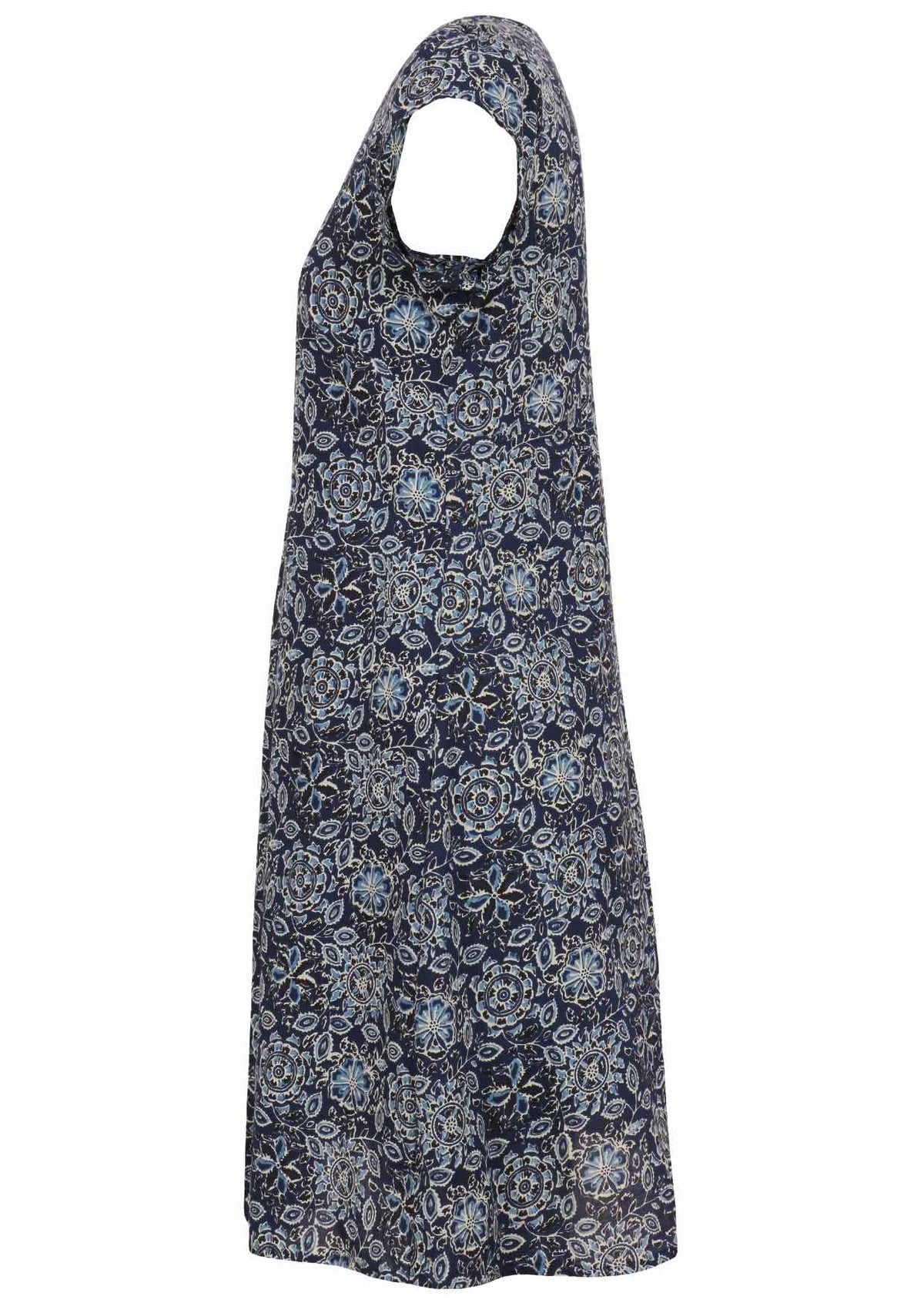 Side mannequin photo of cotton above knee dress with cap sleeves.