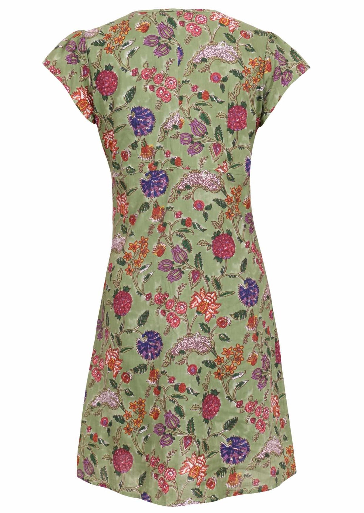 Green based multi-coloured folk art style florals print cotton dress with cap sleeves.
