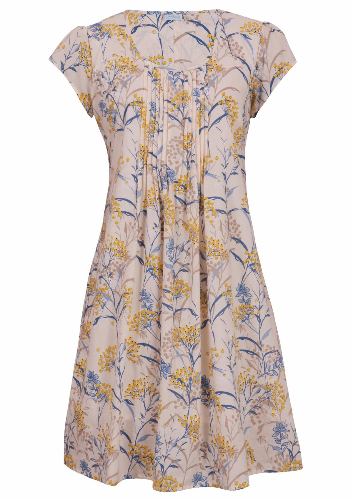 Front mannequin photo of cotton above knee dress in neutral based floral print.