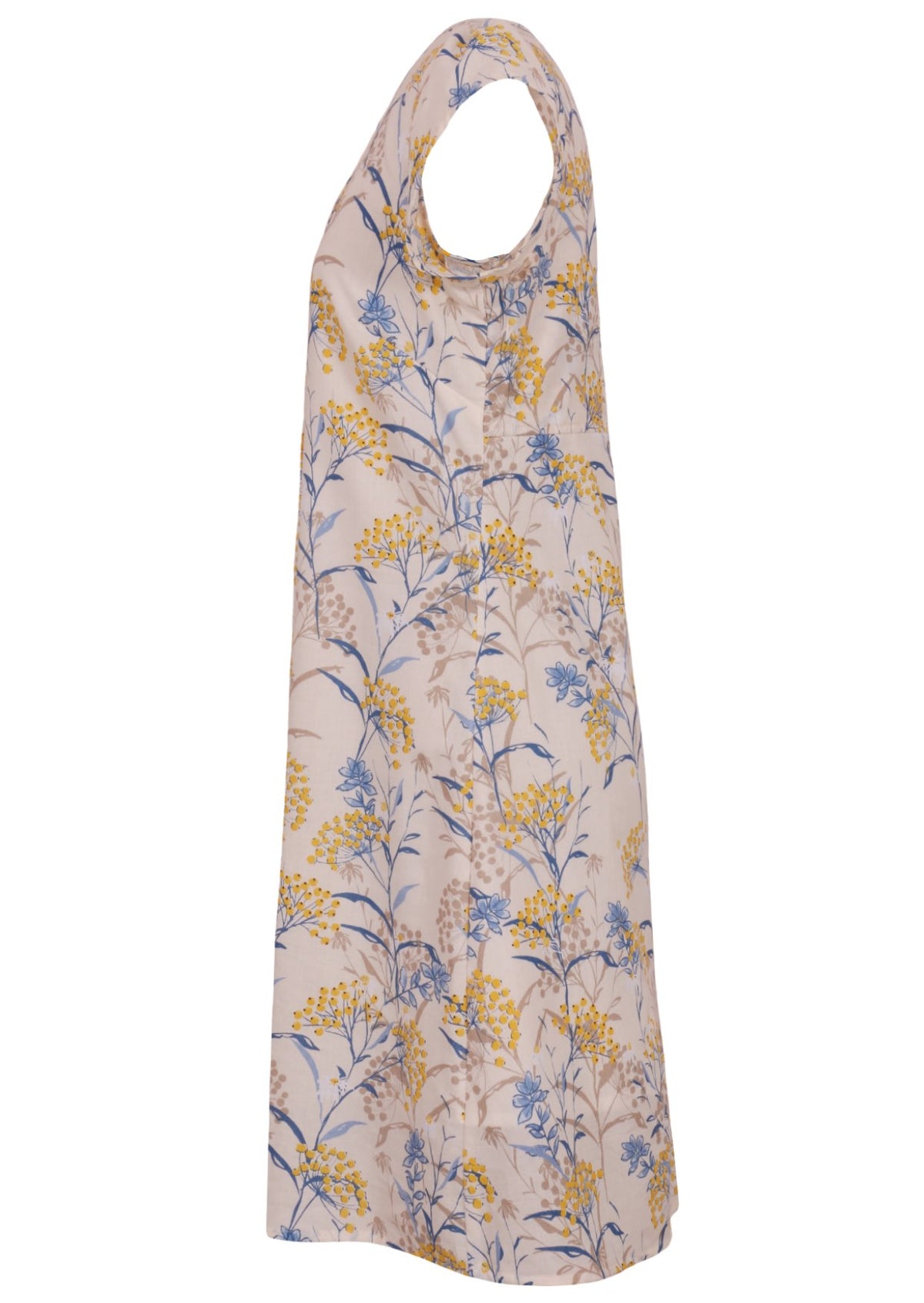 Side mannequin photo of cotton above knee dress with cap sleeves.