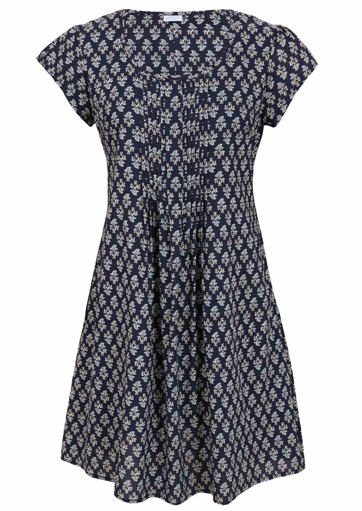 Navy blue cotton dress with tiny pleats beneath the round neckline, cap sleeves, fitted bodice and A-line skirt shape
