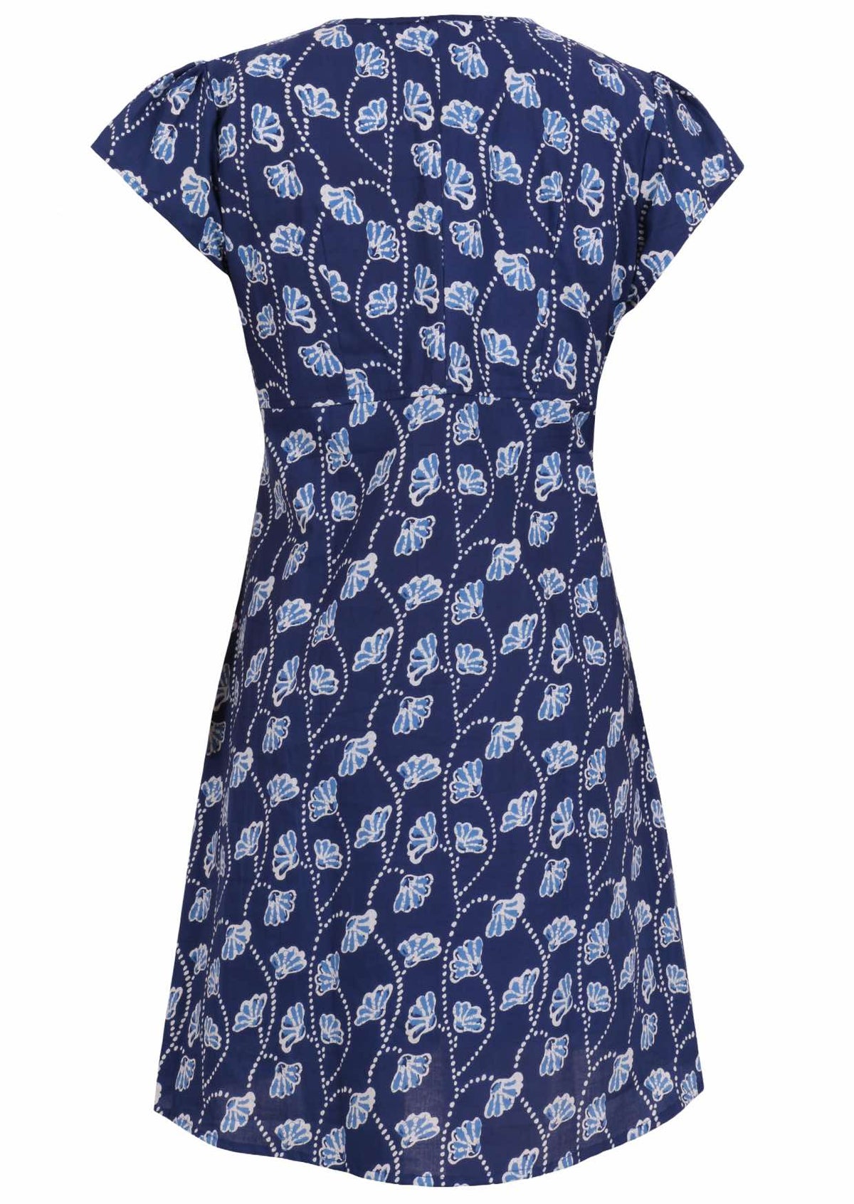 Back mannequin photo of cotton above knee dress in navy blue based floral print.