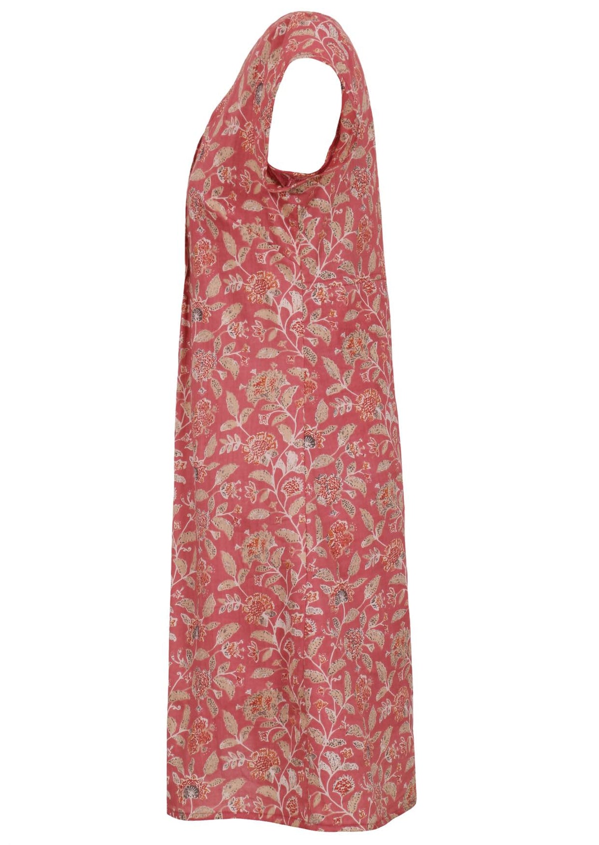 Side mannequin photo of cotton above knee dress with cap sleeves.