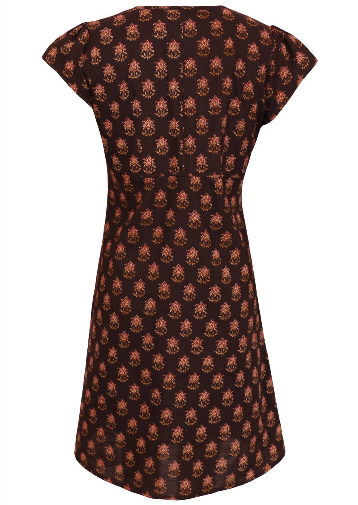 Above the knee length cotton dress with short capped sleeves and round neckline.