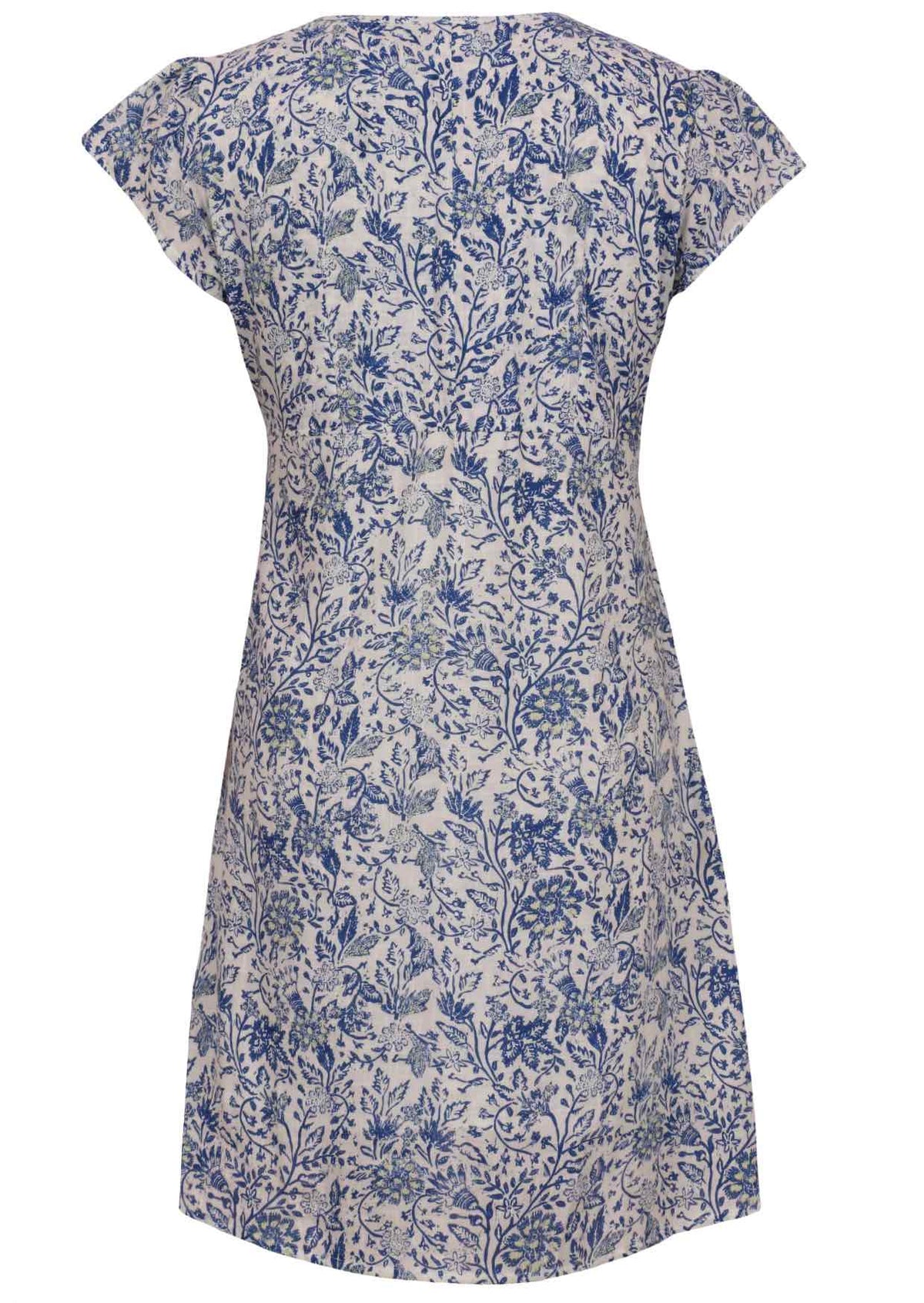 White based blue floral print cotton dress on a white background.