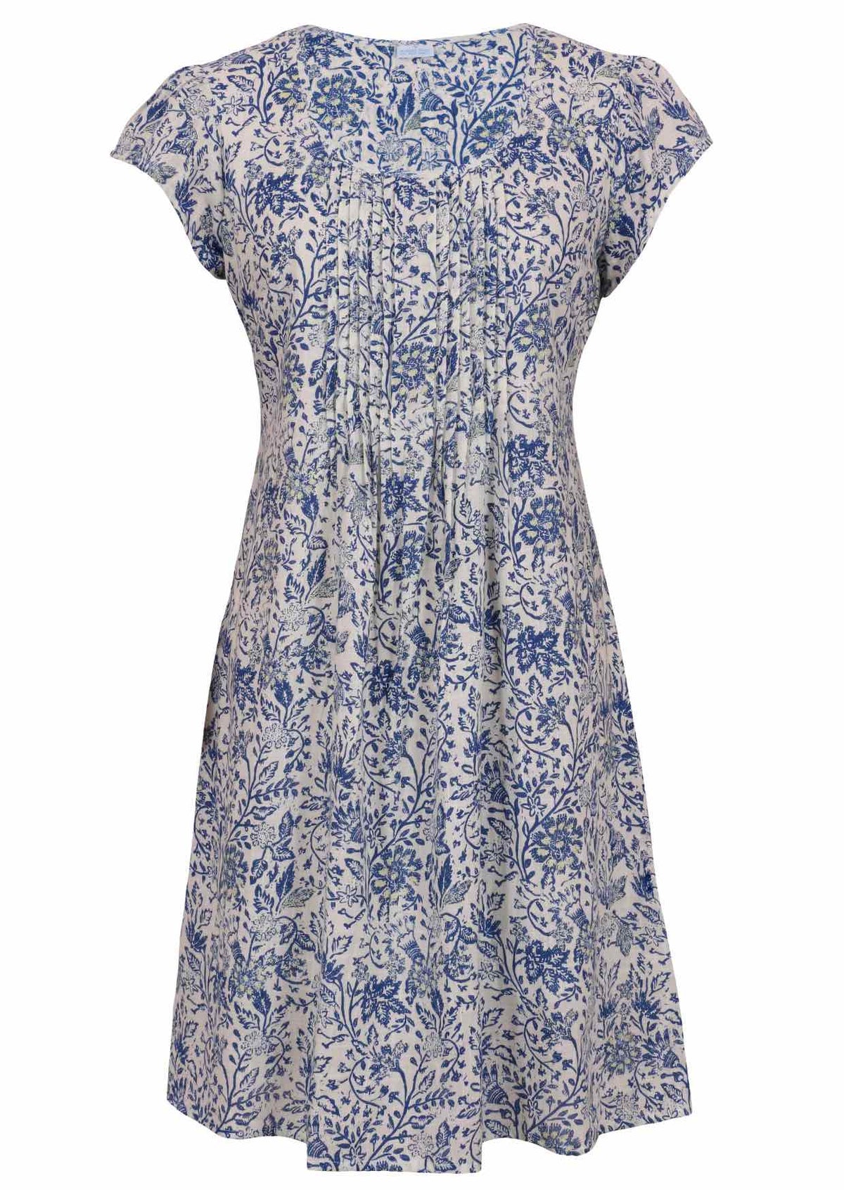 White based blue floral print cotton dress with cap sleeves.