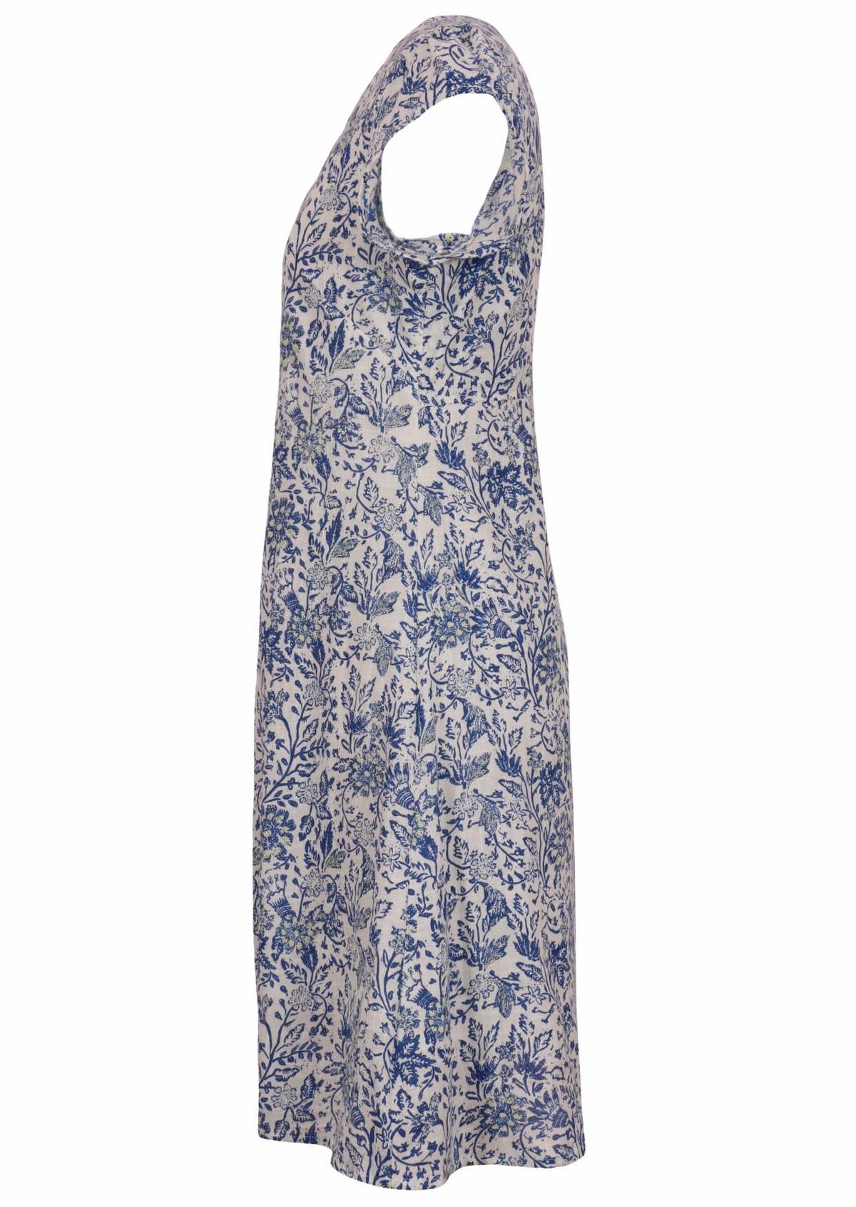 White based blue floral print cotton dress on a white background.
