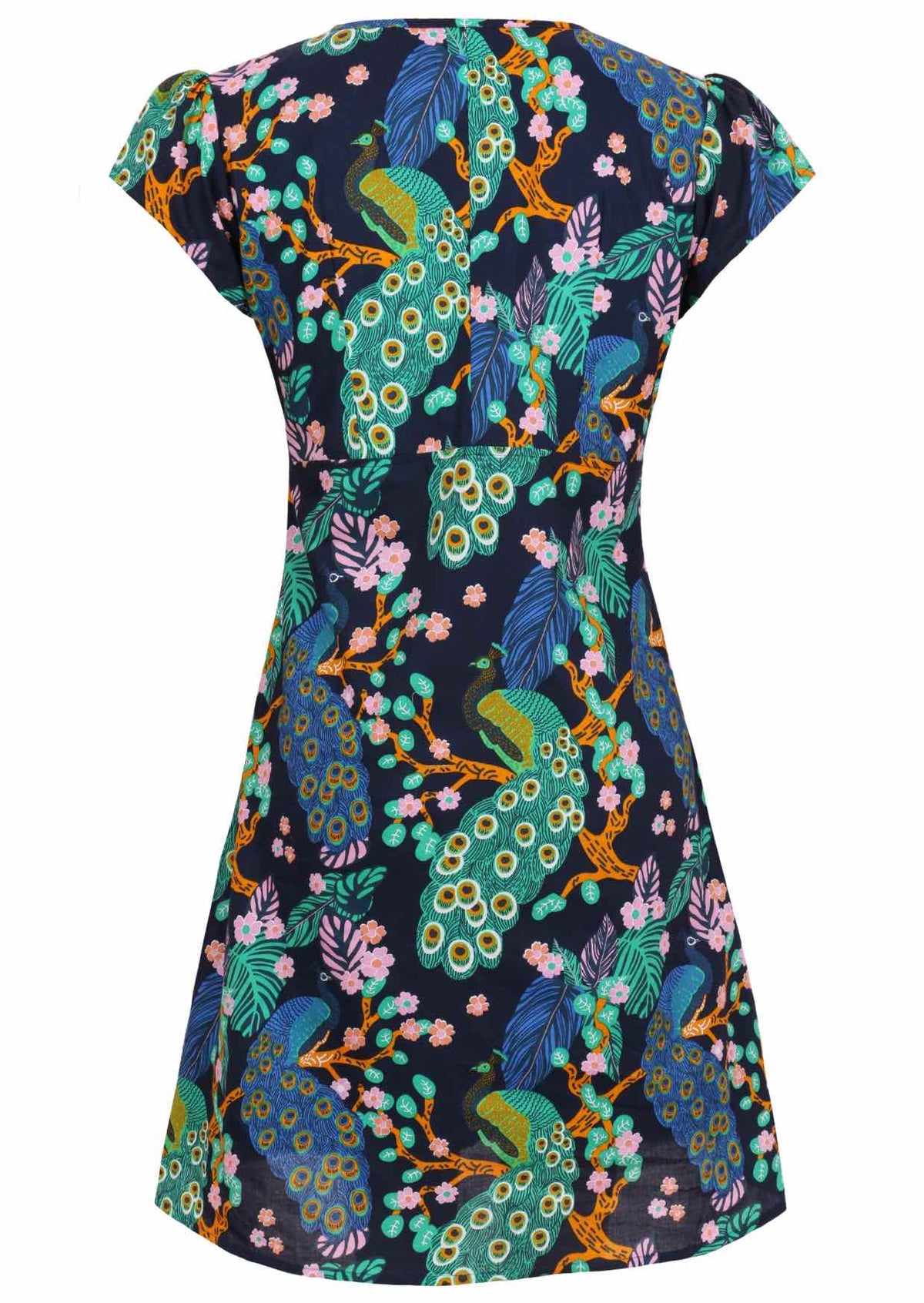 Back mannequin photo of cotton above knee dress in navy blue based floral print.