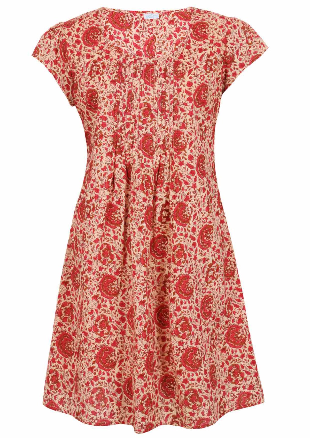 Front mannequin photo of cotton above knee dress in cream based warm floral print.