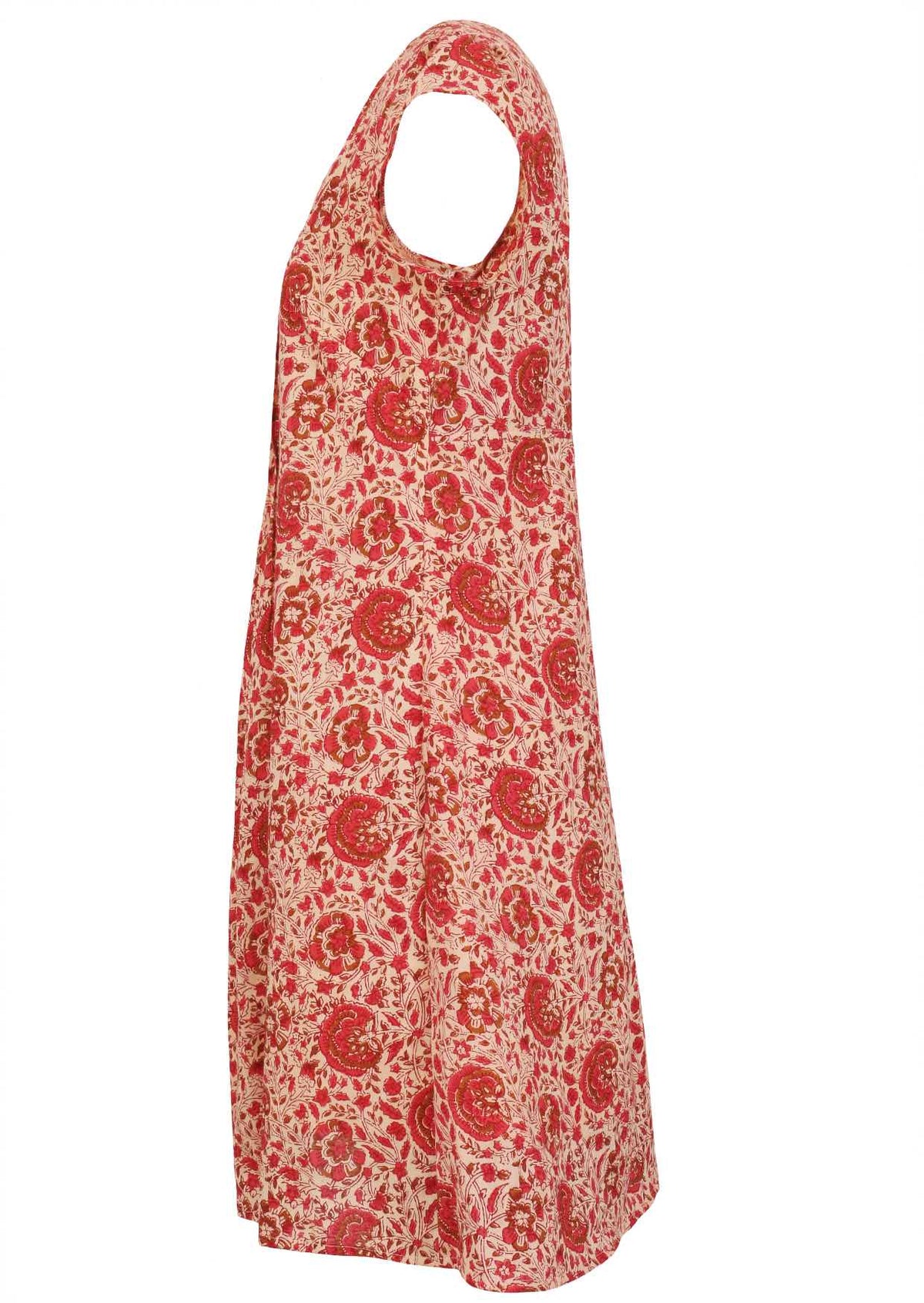Side mannequin photo of cotton above knee dress with cap sleeves.