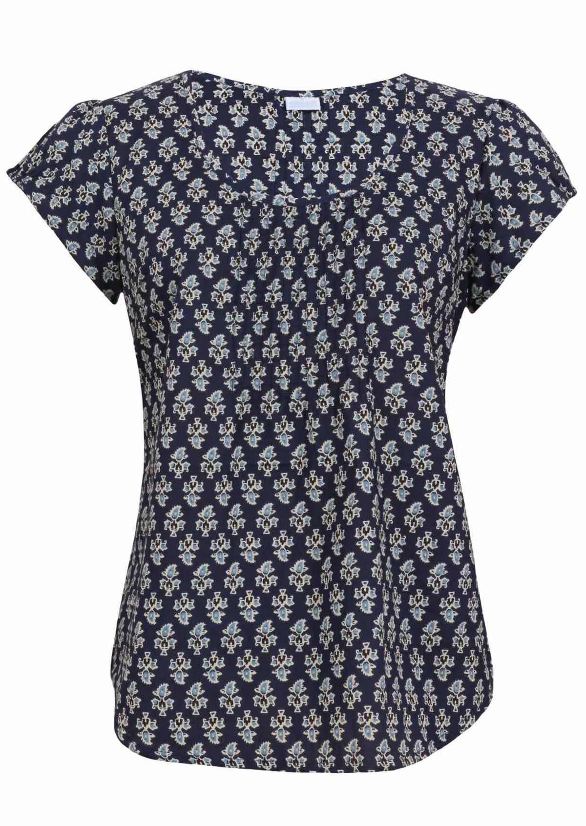 Navy blue based floral print cotton top with U-shaped neckline.