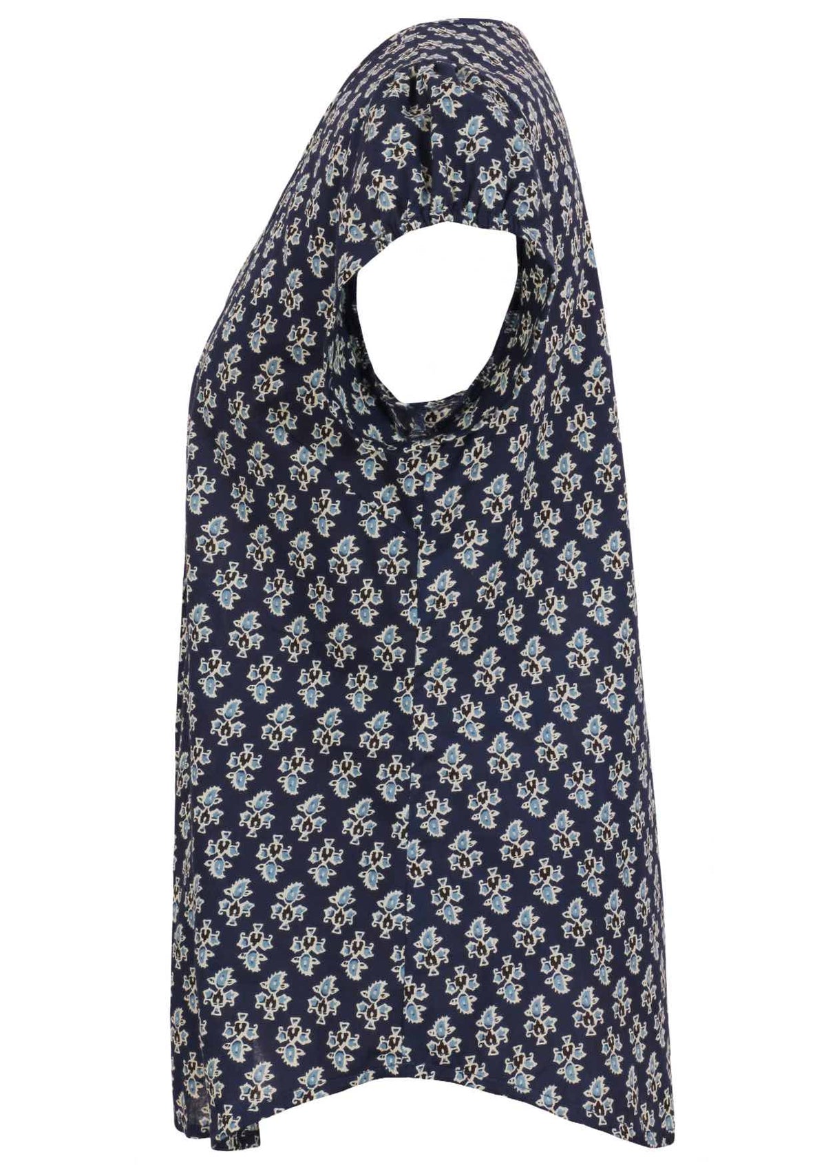 Side image of short sleeve cotton top with navy blue based floral print.