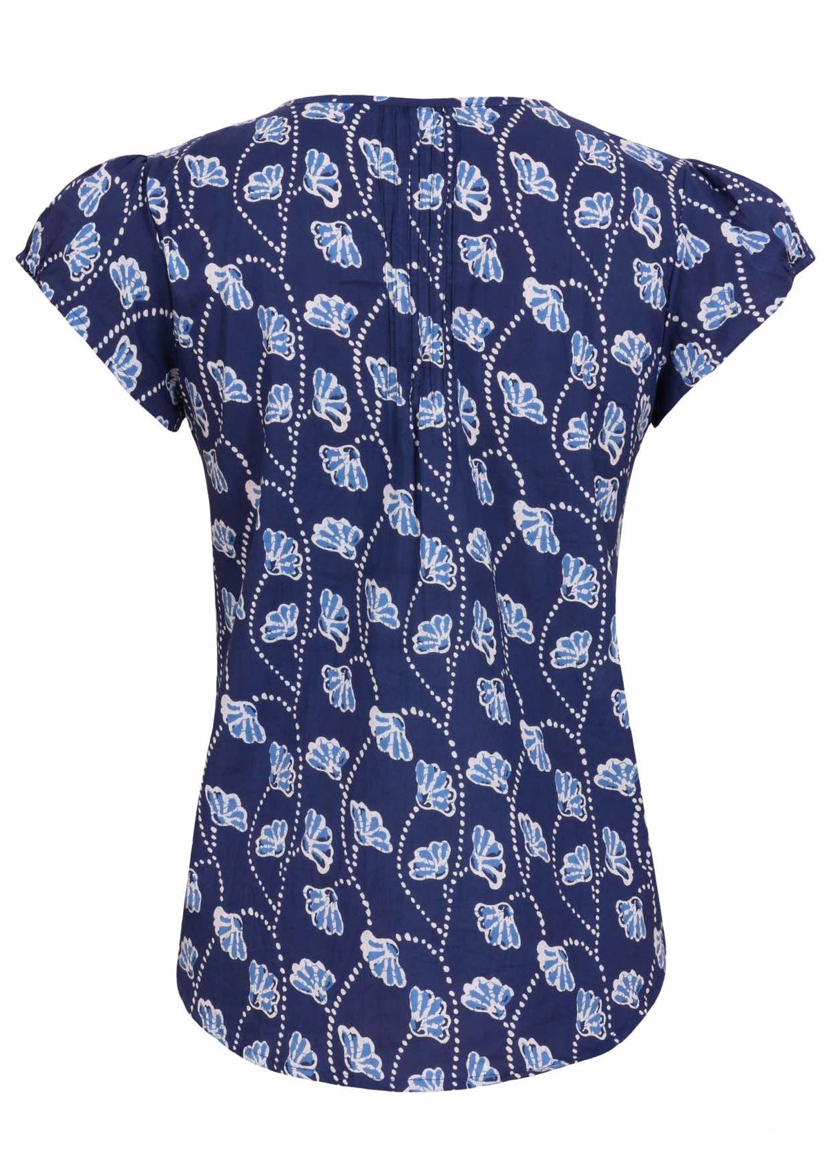 Back image of short sleeve cotton top with navy blue based floral print.